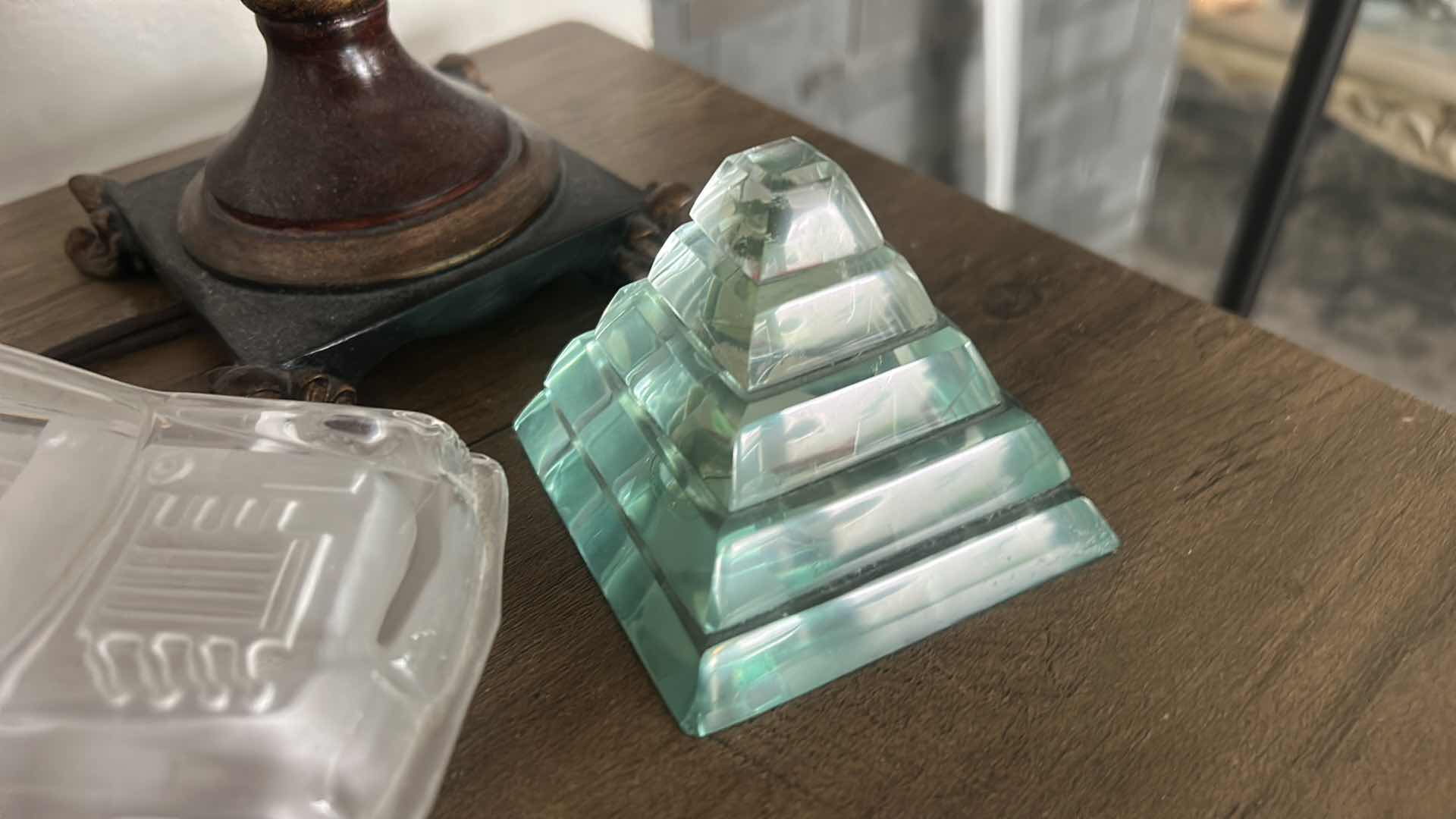 Photo 1 of HOME DECOR, RESIN LAMP H18” & GLASS CAR AND PYRAMID