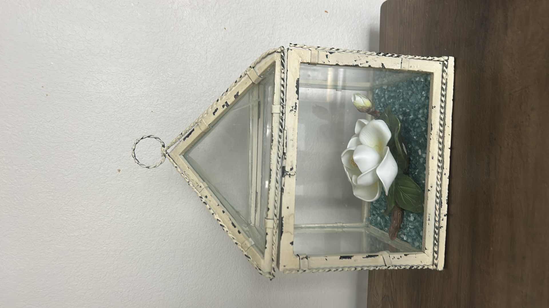 Photo 1 of GLASS AND METAL TERRARIUM H12” &  PORCELAIN MAGNOLIA FIGURINE.