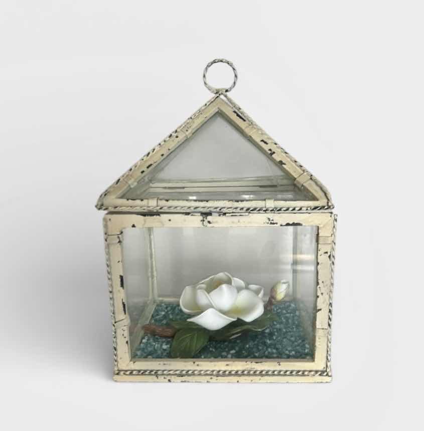 Photo 1 of GLASS AND METAL TERRARIUM H12” &  PORCELAIN MAGNOLIA FIGURINE.
