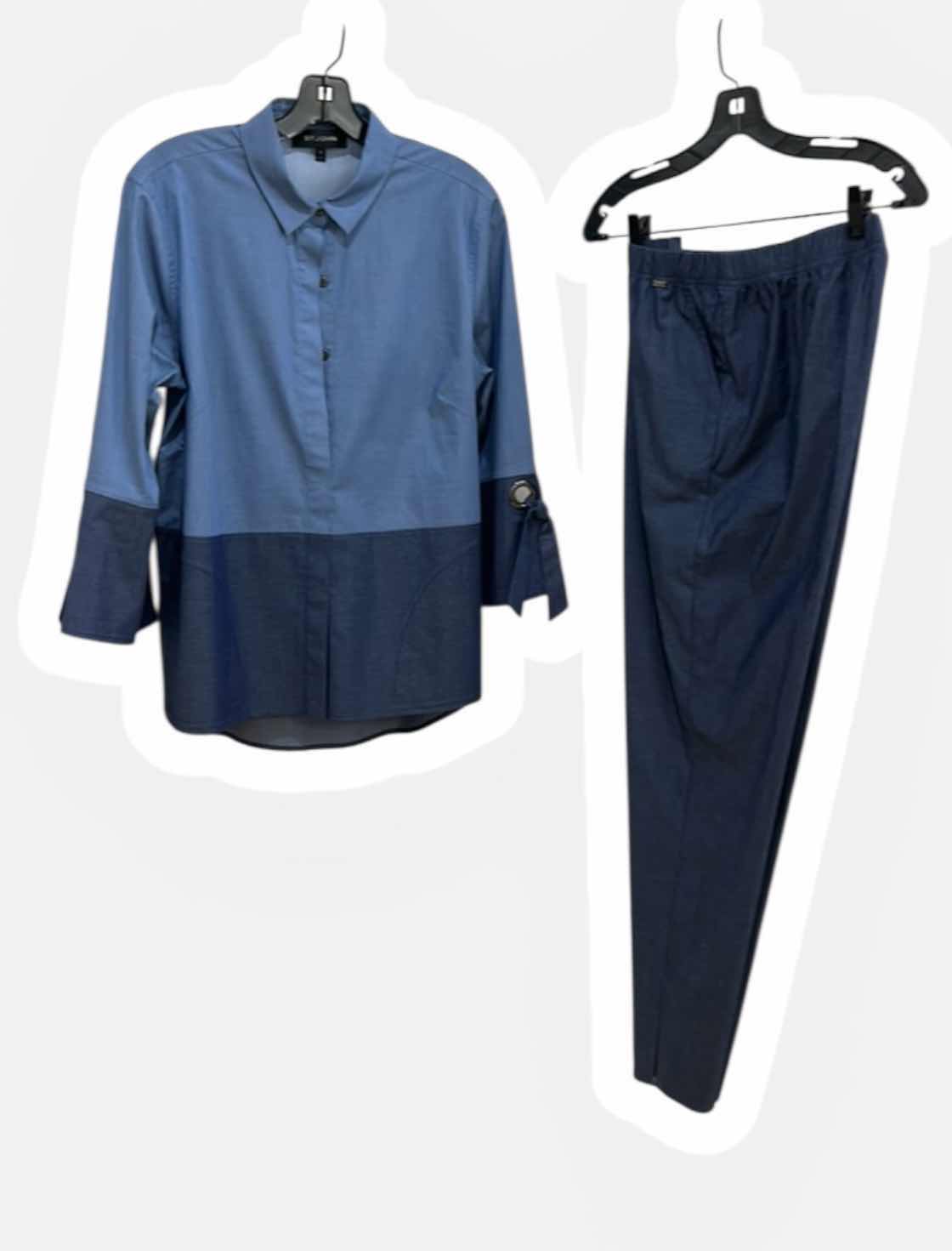 Photo 1 of ST JOHN DESIGNER  BLUE TWO TONE LONG SLEEVE BLOUSE, ST JOHN DESIGNER NAVY BLUE PANTS (S/M)