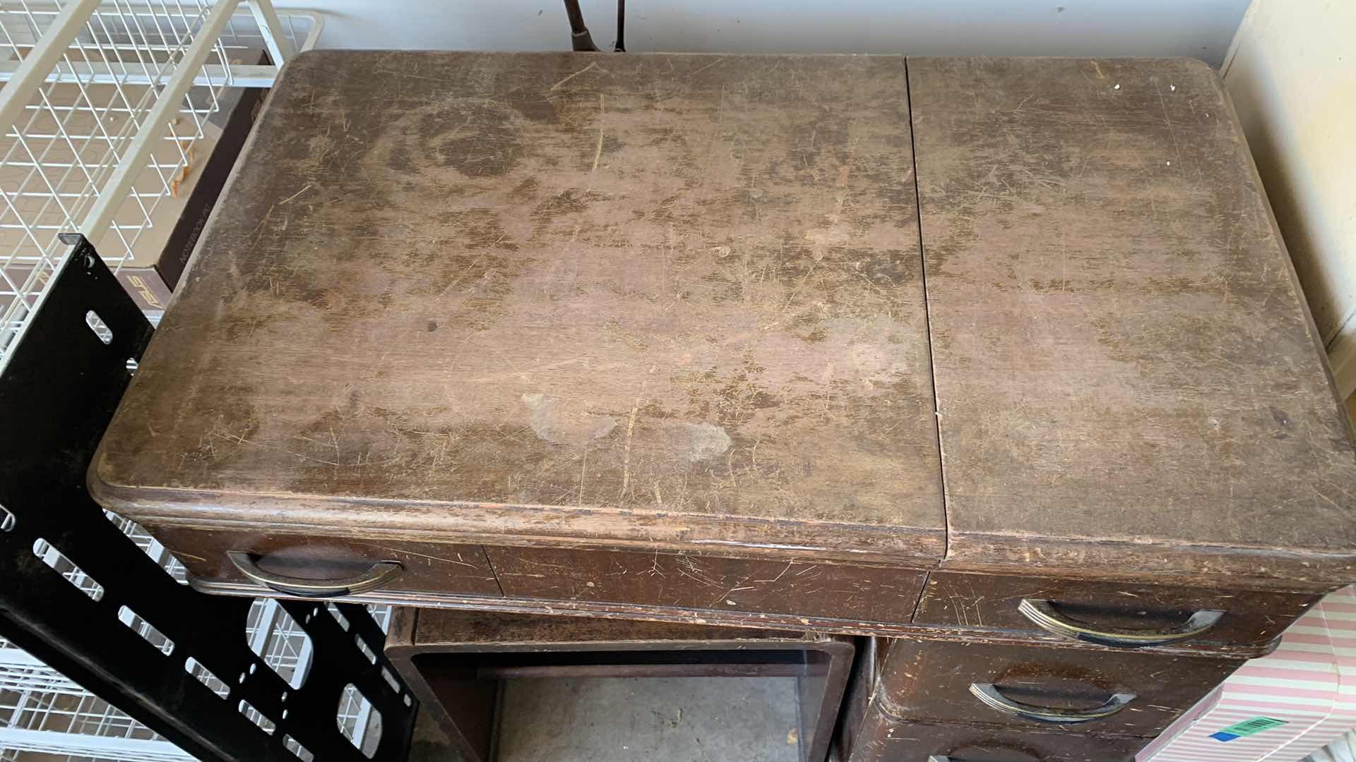 View 7 of VINTAGE WHITE ROTARY SEWING MACHINE HOUSED IN A WOODEN CABINET WITH ATTACHED LIGHT 30” X 19” H 31”