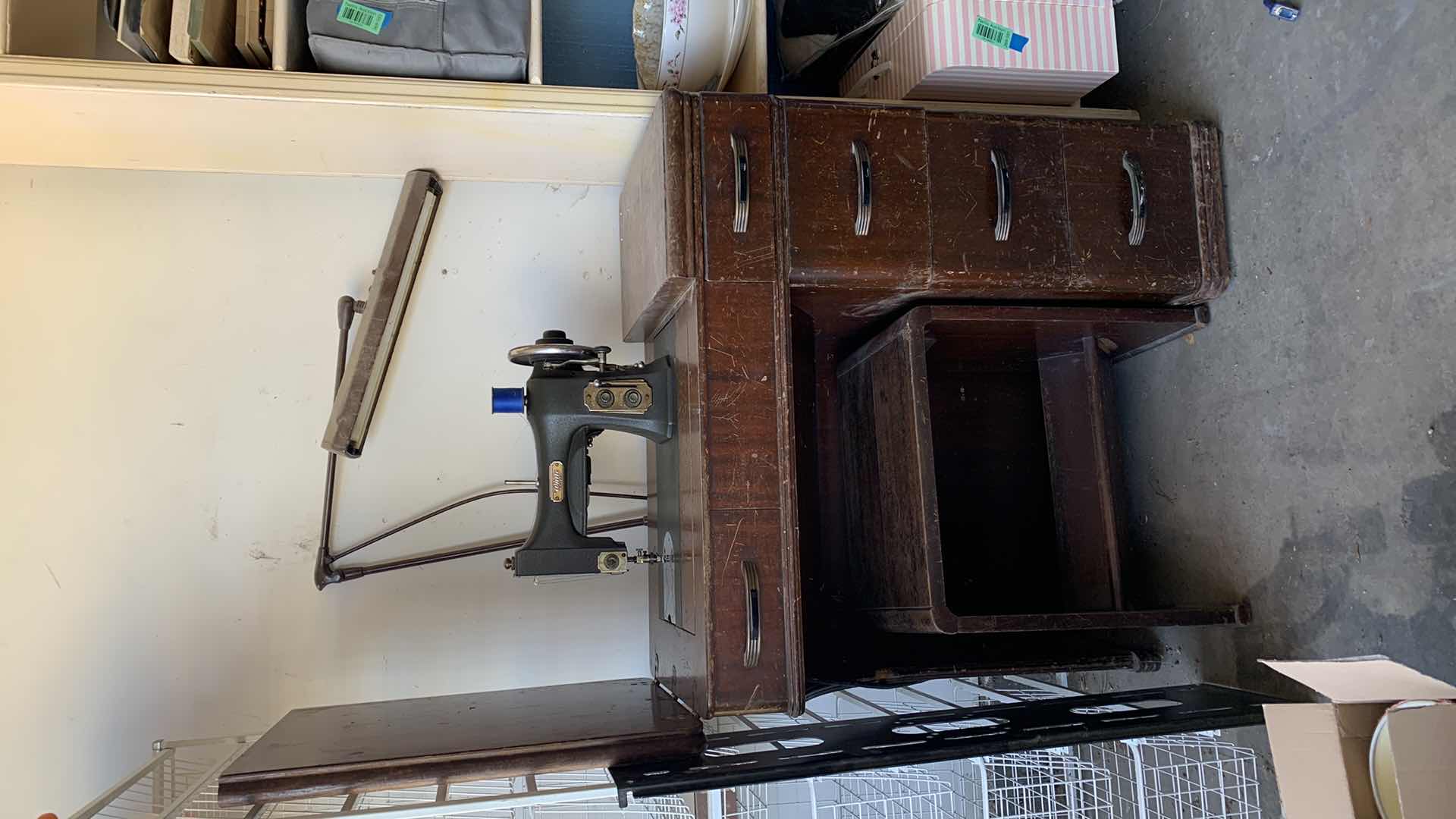 View 9 of VINTAGE WHITE ROTARY SEWING MACHINE HOUSED IN A WOODEN CABINET WITH ATTACHED LIGHT 30” X 19” H 31”