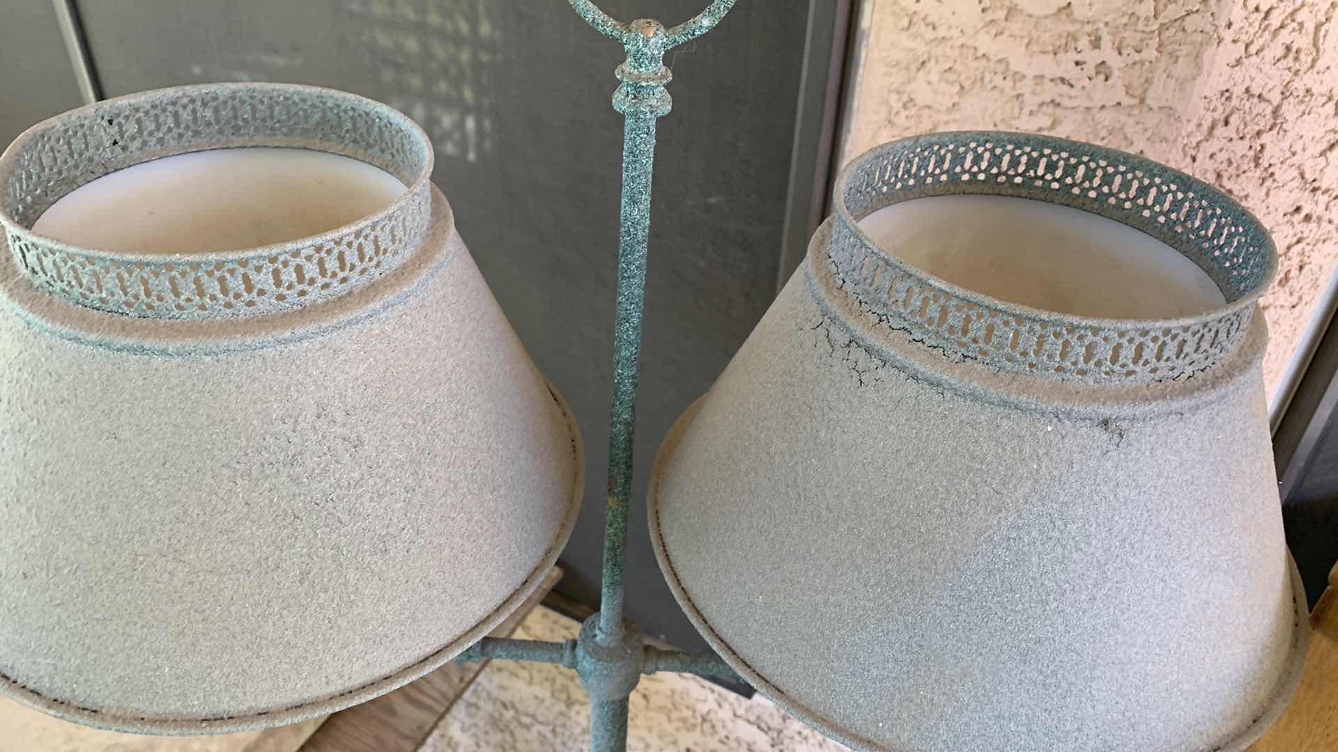 Photo 1 of VINTAGE GREEN TOLEWARE DOUBLE LIGHT FLOOR LAMP W INTEGRATED CIRCULAR TRAY H 57”