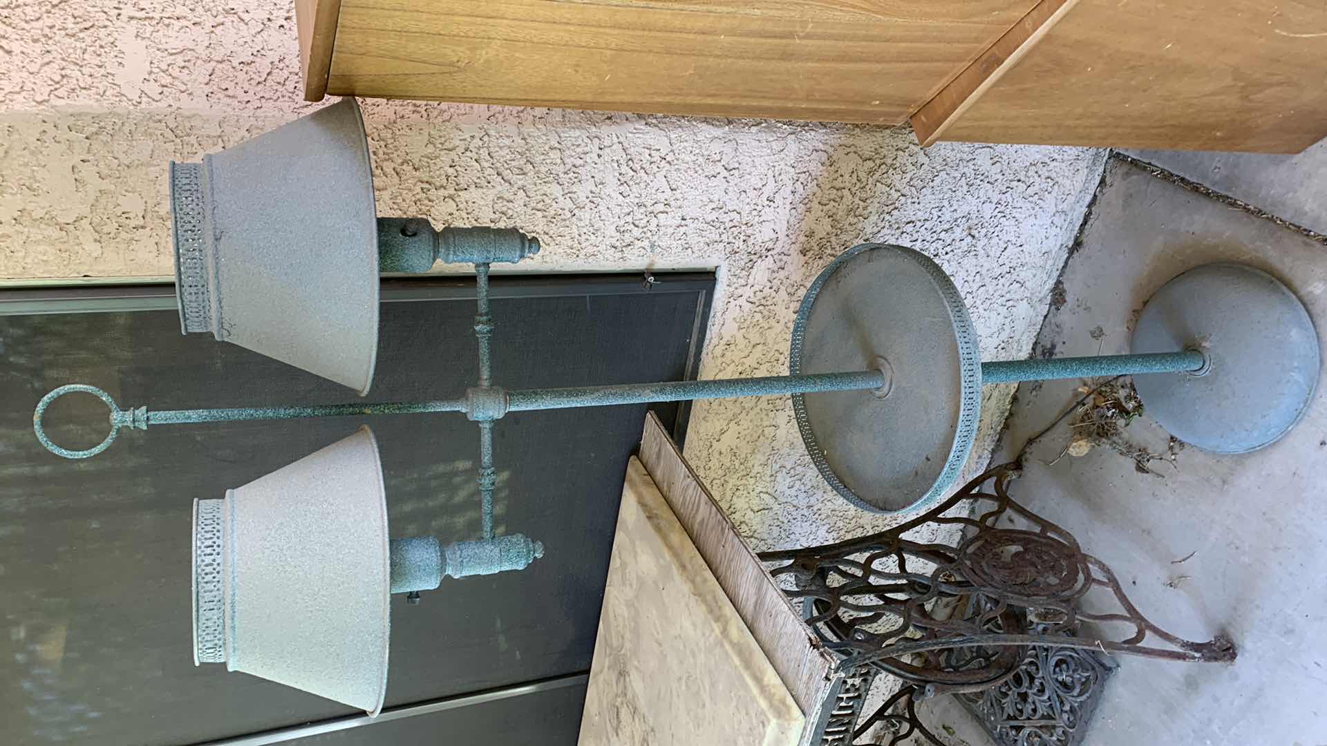 Photo 1 of VINTAGE GREEN TOLEWARE DOUBLE LIGHT FLOOR LAMP W INTEGRATED CIRCULAR TRAY H 57”