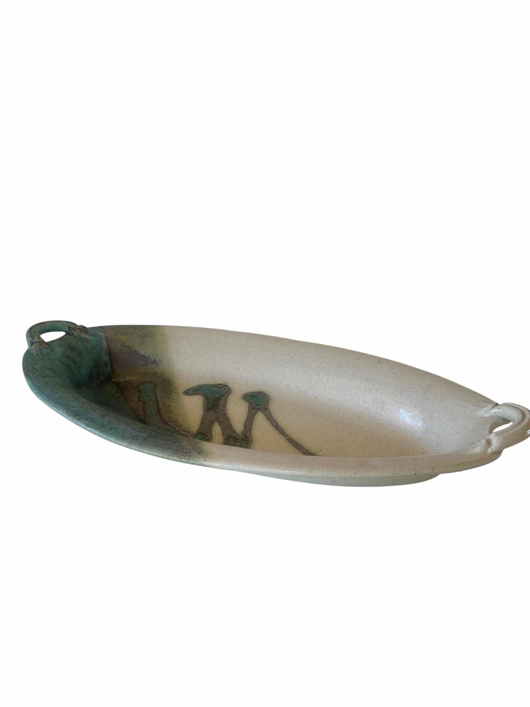Photo 1 of HANDCRAFTED CERAMIC STUDIO ART OVAL SERVING TRAY W TEAL WHITE GLAZE