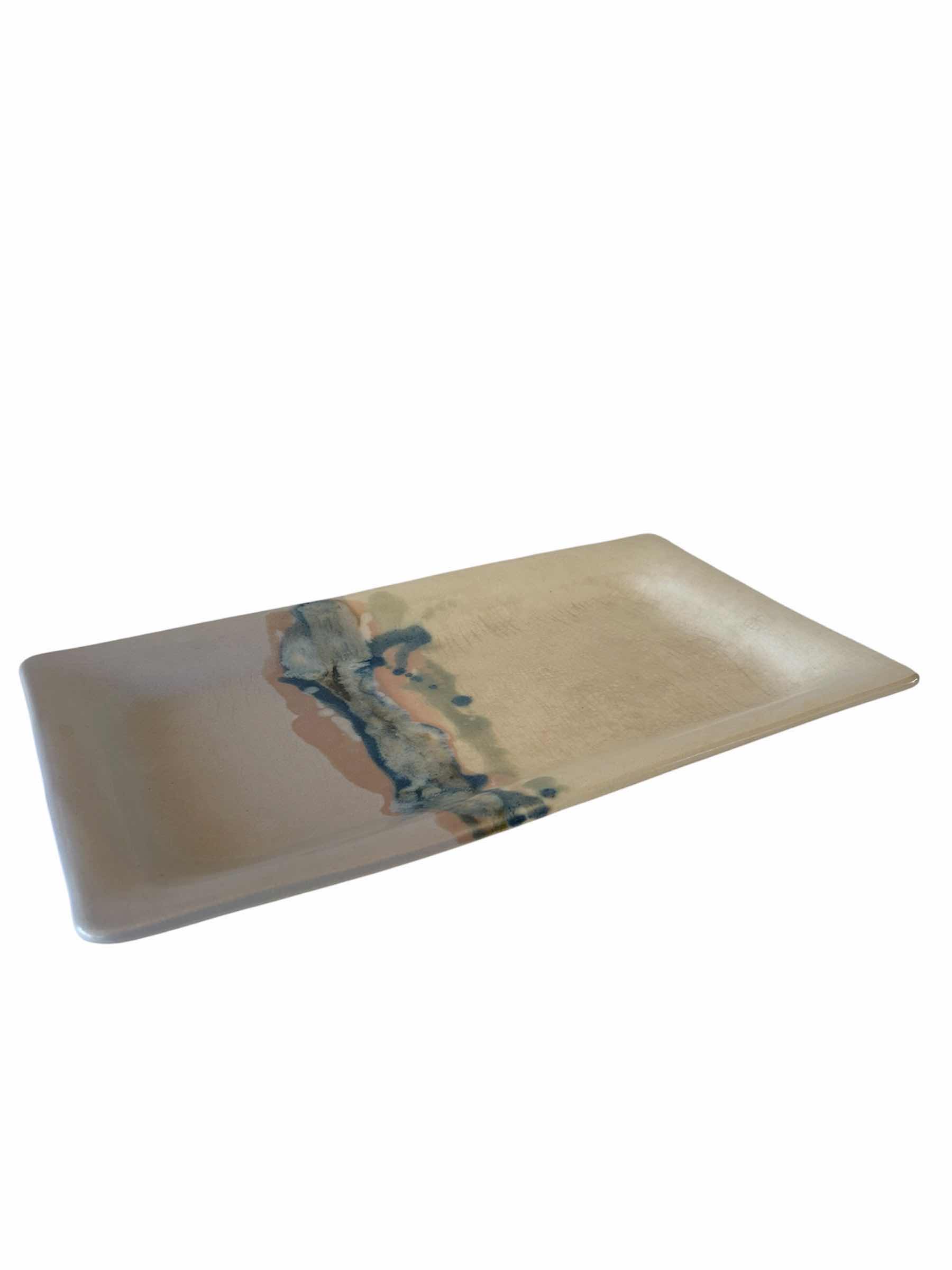 Photo 1 of FINE ART POTTERY 
RECTANGULAR TRAY FEATURING MULTI COLORED GLAZED ABSTRACT PATTERN