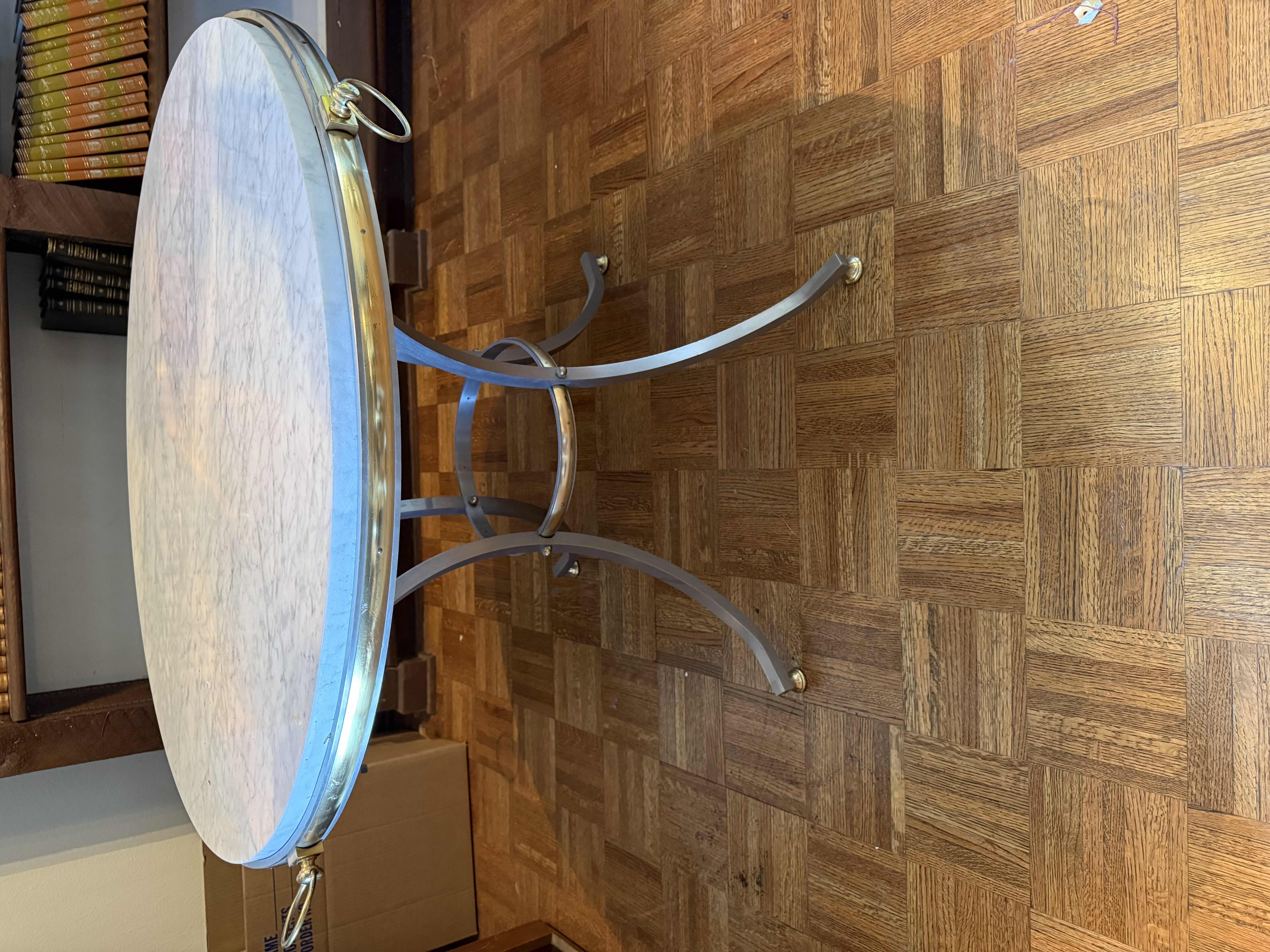 Photo 1 of 35” ROUND HEAVY NEOCLASSICAL GOLD GILDED TABLE W WHITE MARBLE TOP H29” (HEAVY)