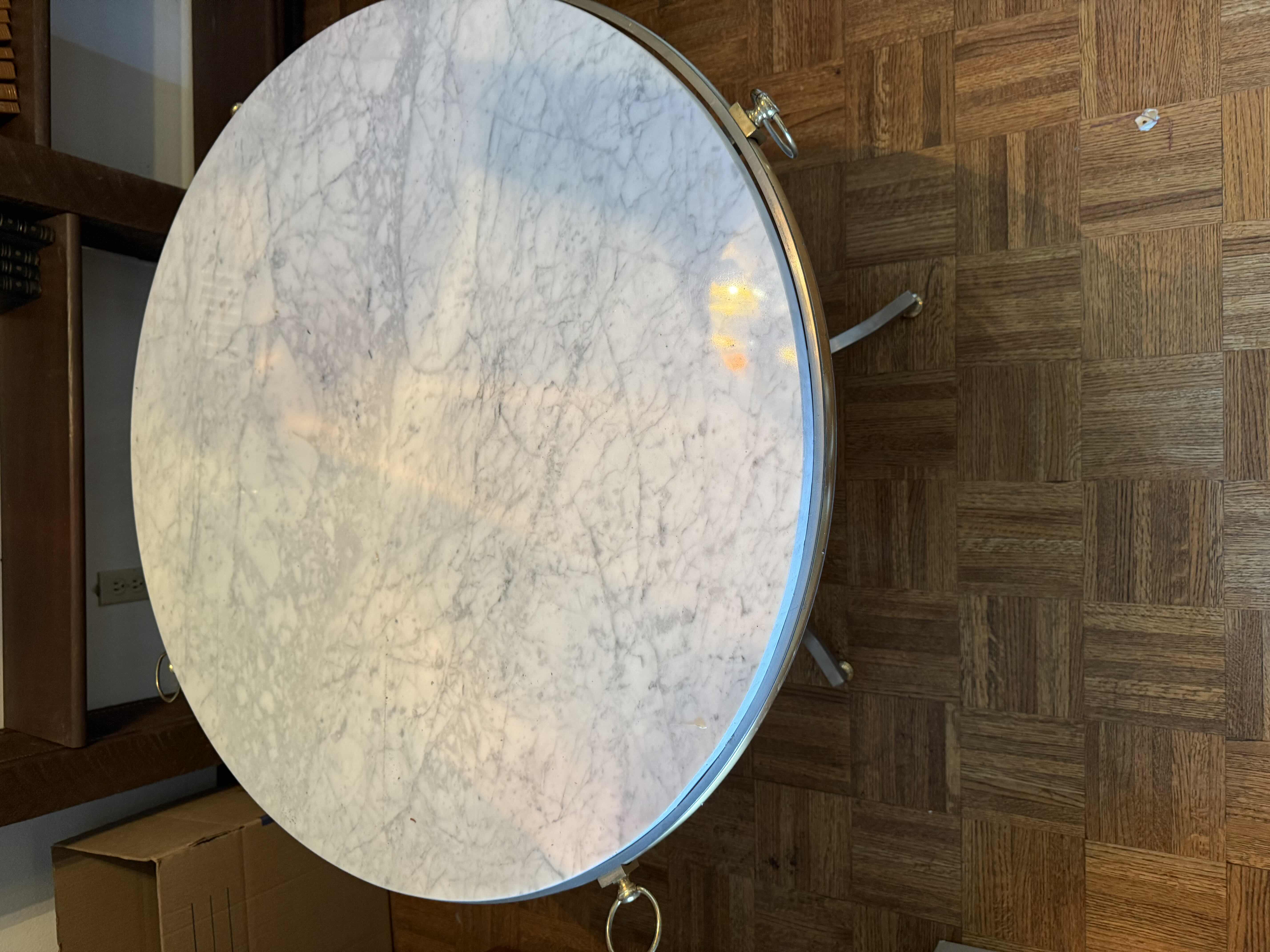 Photo 1 of 35” ROUND HEAVY NEOCLASSICAL GOLD GILDED TABLE W WHITE MARBLE TOP H29” (HEAVY)