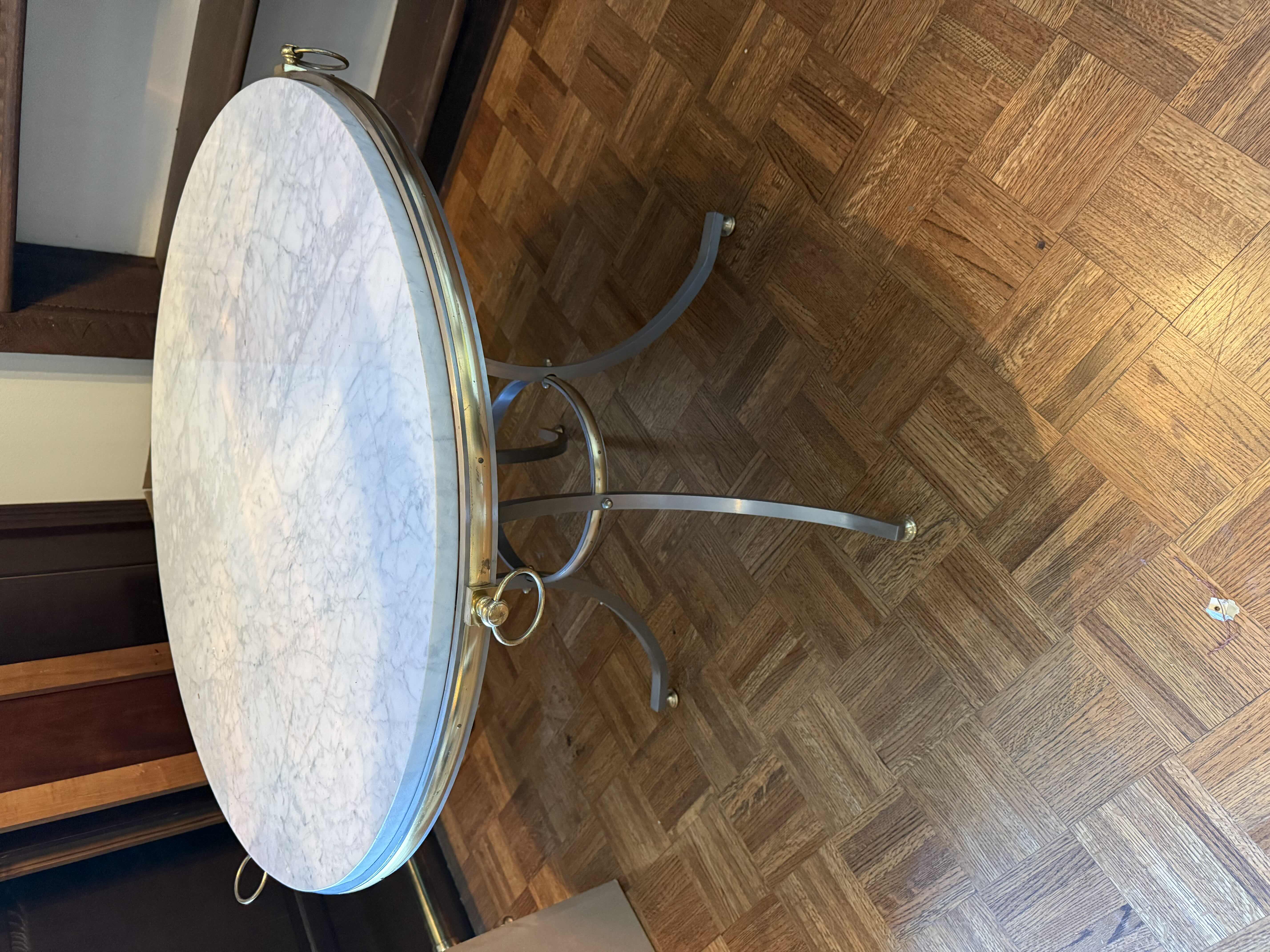 Photo 1 of 35” ROUND HEAVY NEOCLASSICAL GOLD GILDED TABLE W WHITE MARBLE TOP H29” (HEAVY)