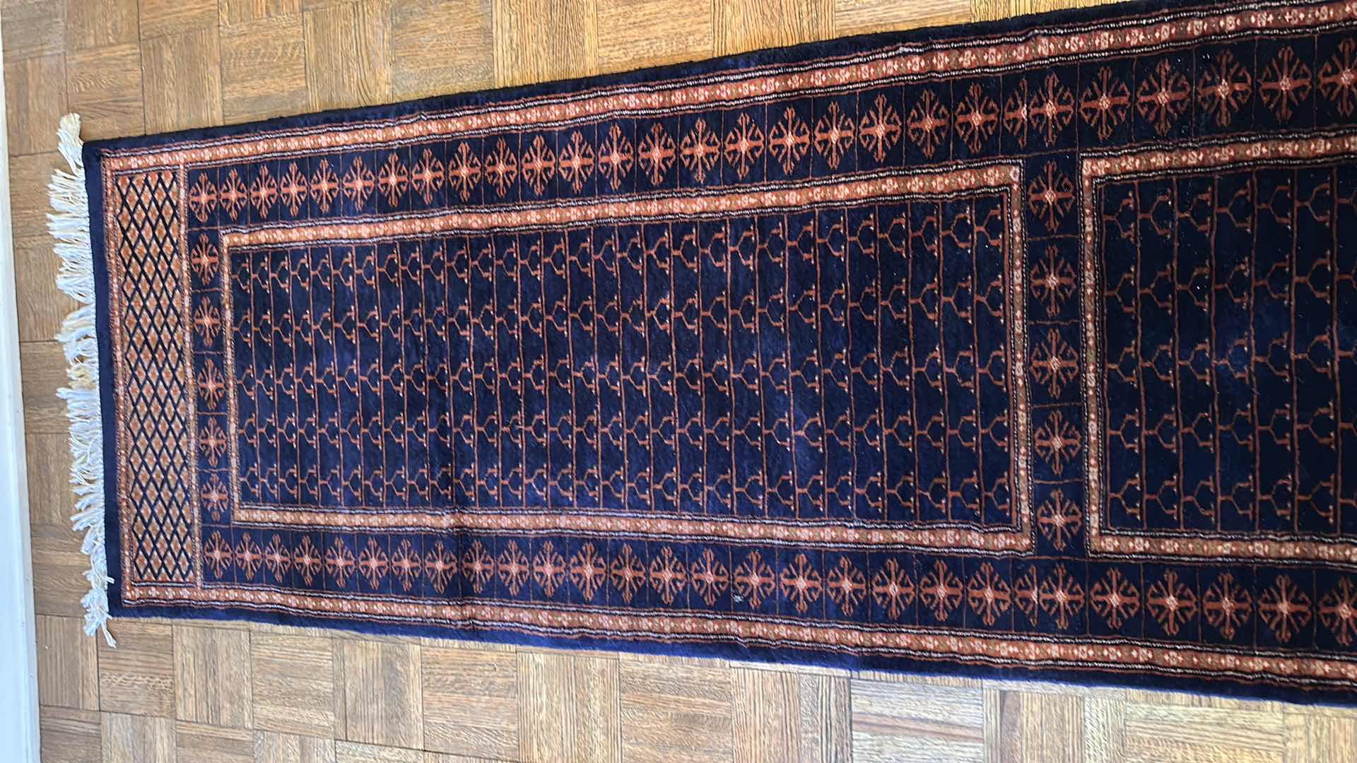 Photo 1 of 100% WOOL PILE ROYAL BOKHARA NAVY BLUE HAND KNOTTED PAKISTAN RUNNER 10’ X 32”