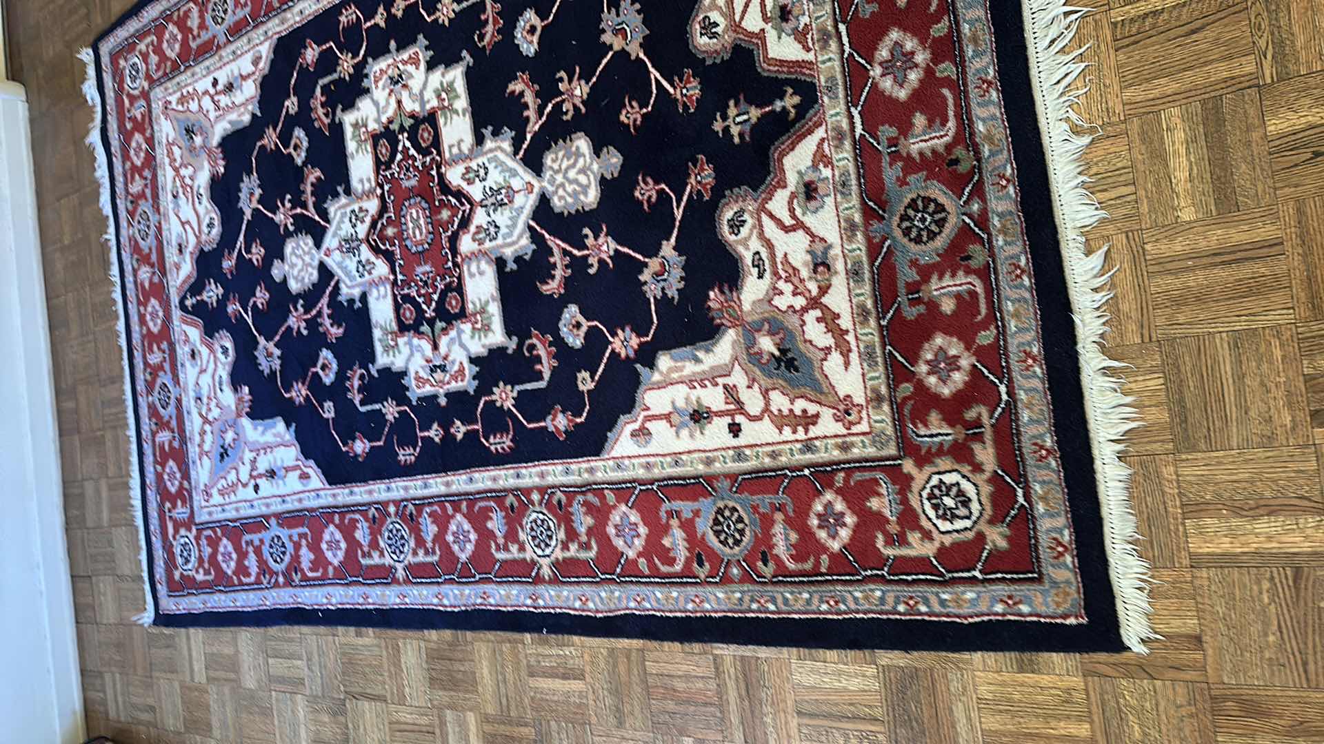 Photo 1 of 100% WOOL BURGUNDY & NAVY AREA RUG 112” X 75”