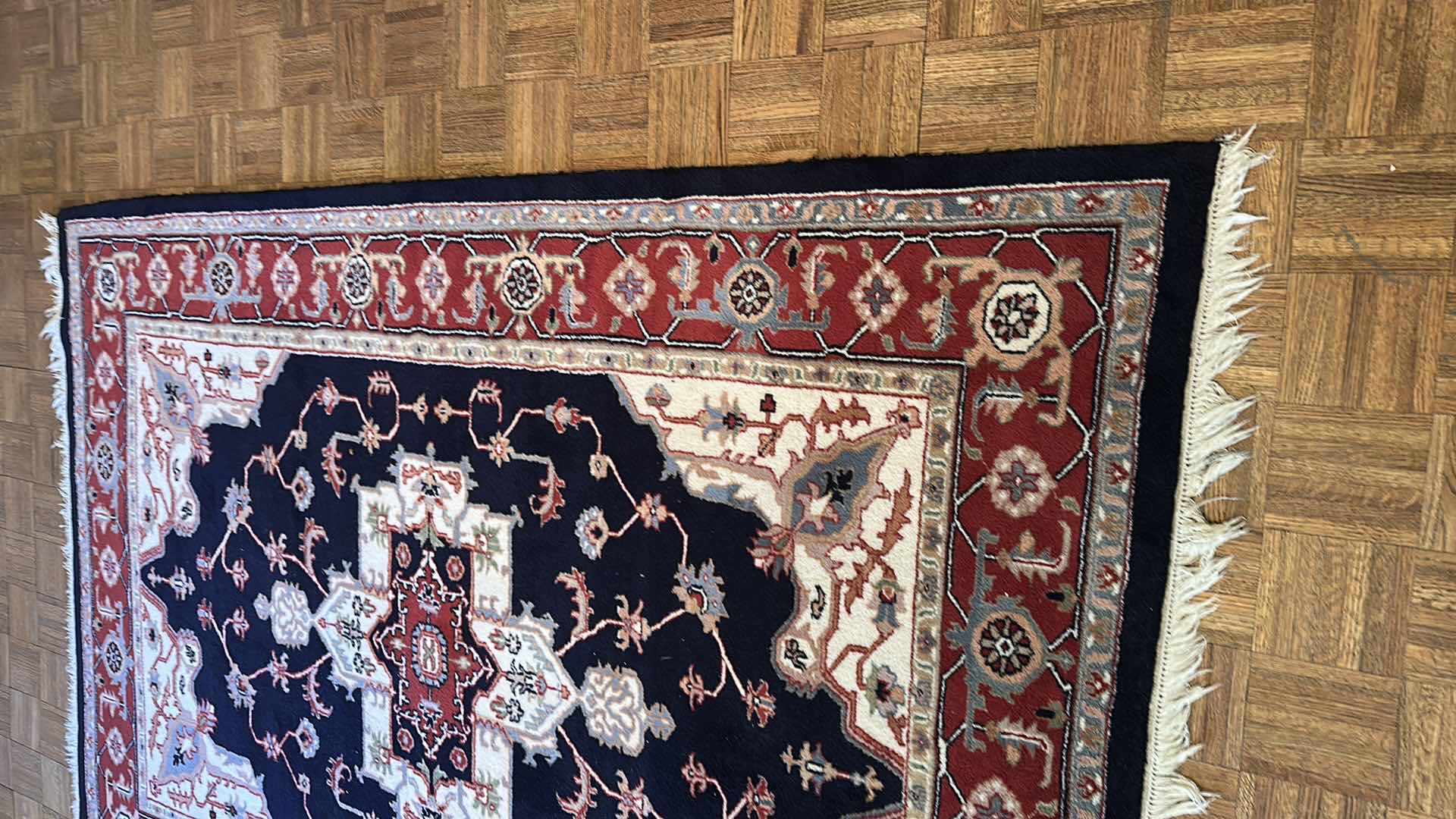 Photo 1 of 100% WOOL BURGUNDY & NAVY AREA RUG 112” X 75”