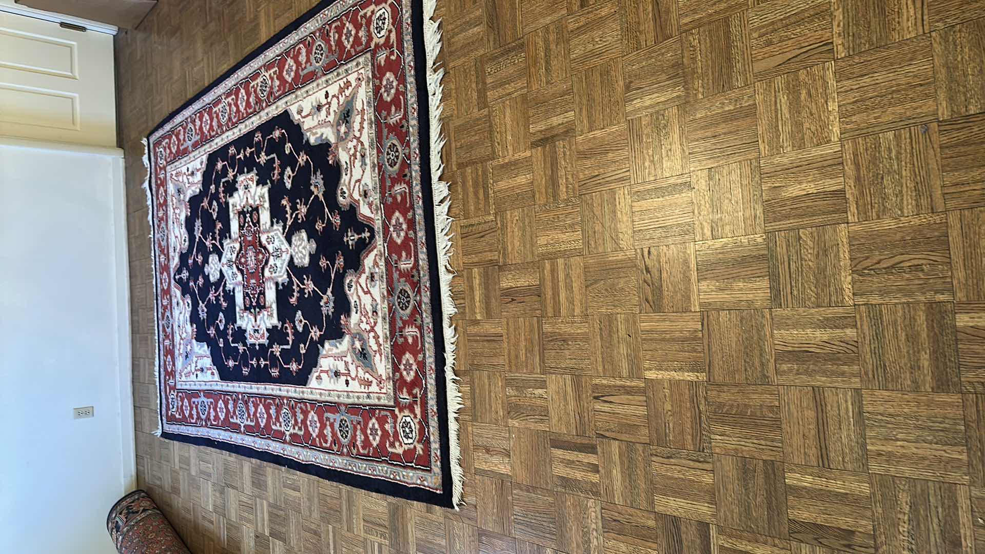 Photo 1 of 100% WOOL BURGUNDY & NAVY AREA RUG 112” X 75”