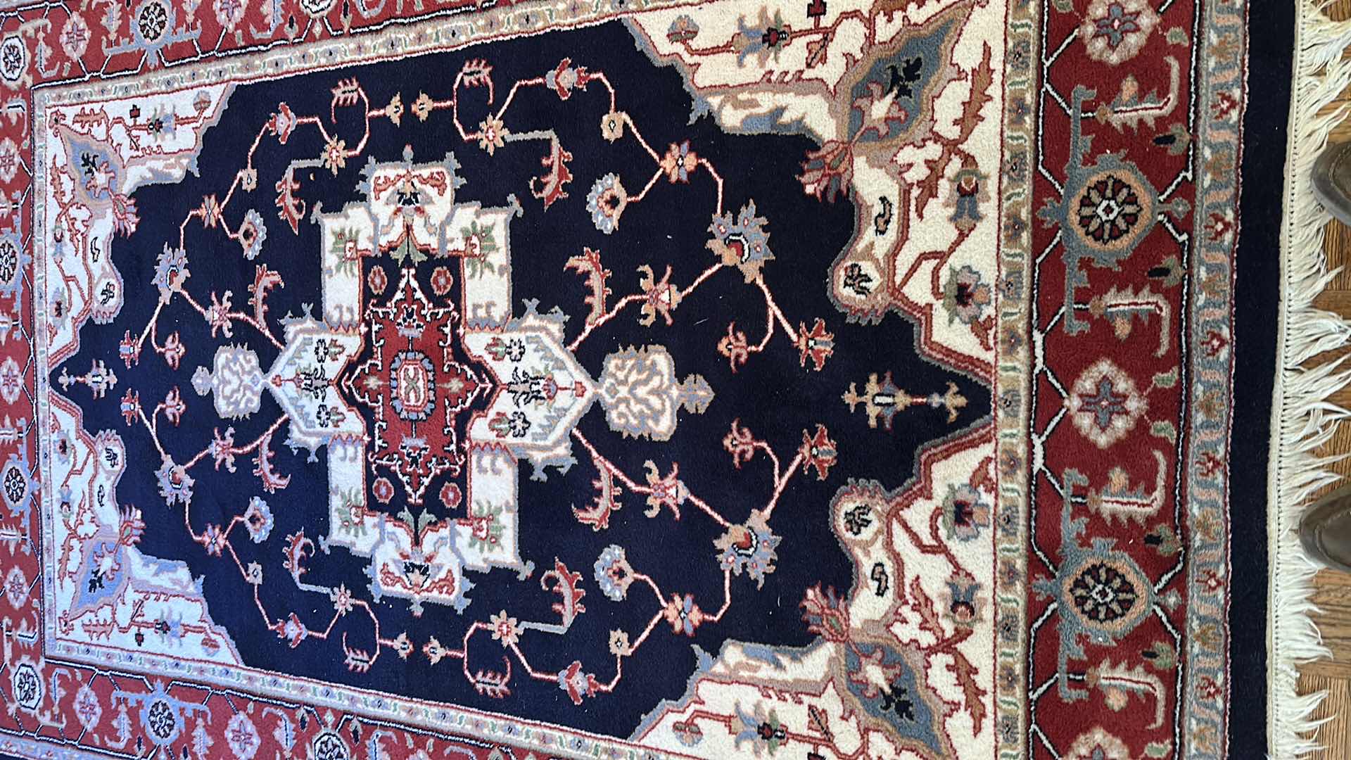 Photo 1 of 100% WOOL BURGUNDY & NAVY AREA RUG 112” X 75”