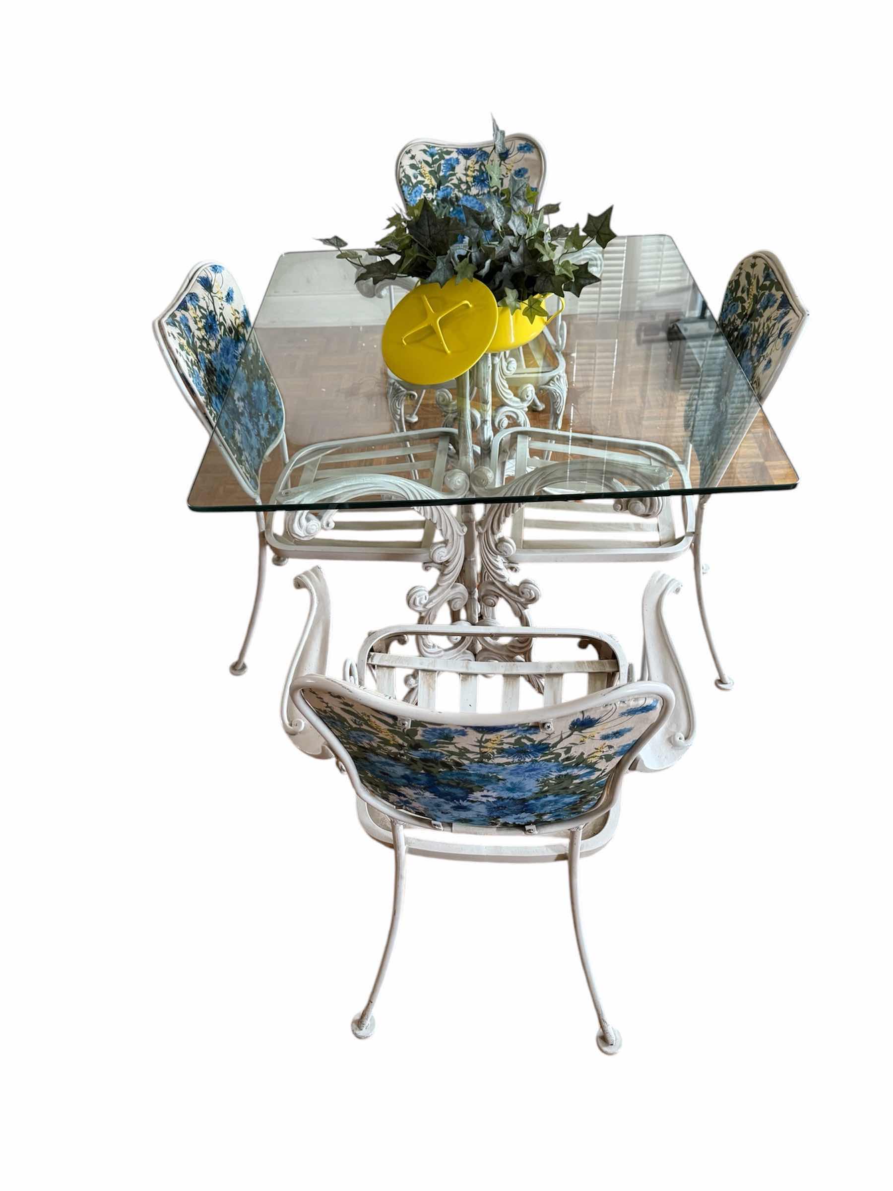 Photo 1 of RARE VINTAGE MID CENTURY WHITE CAST IRON TABLE W TEMPERED GLASS TOP 41”x 36” H28” W 2 ARM CHAIRS & 2 SIDE CHAIRS