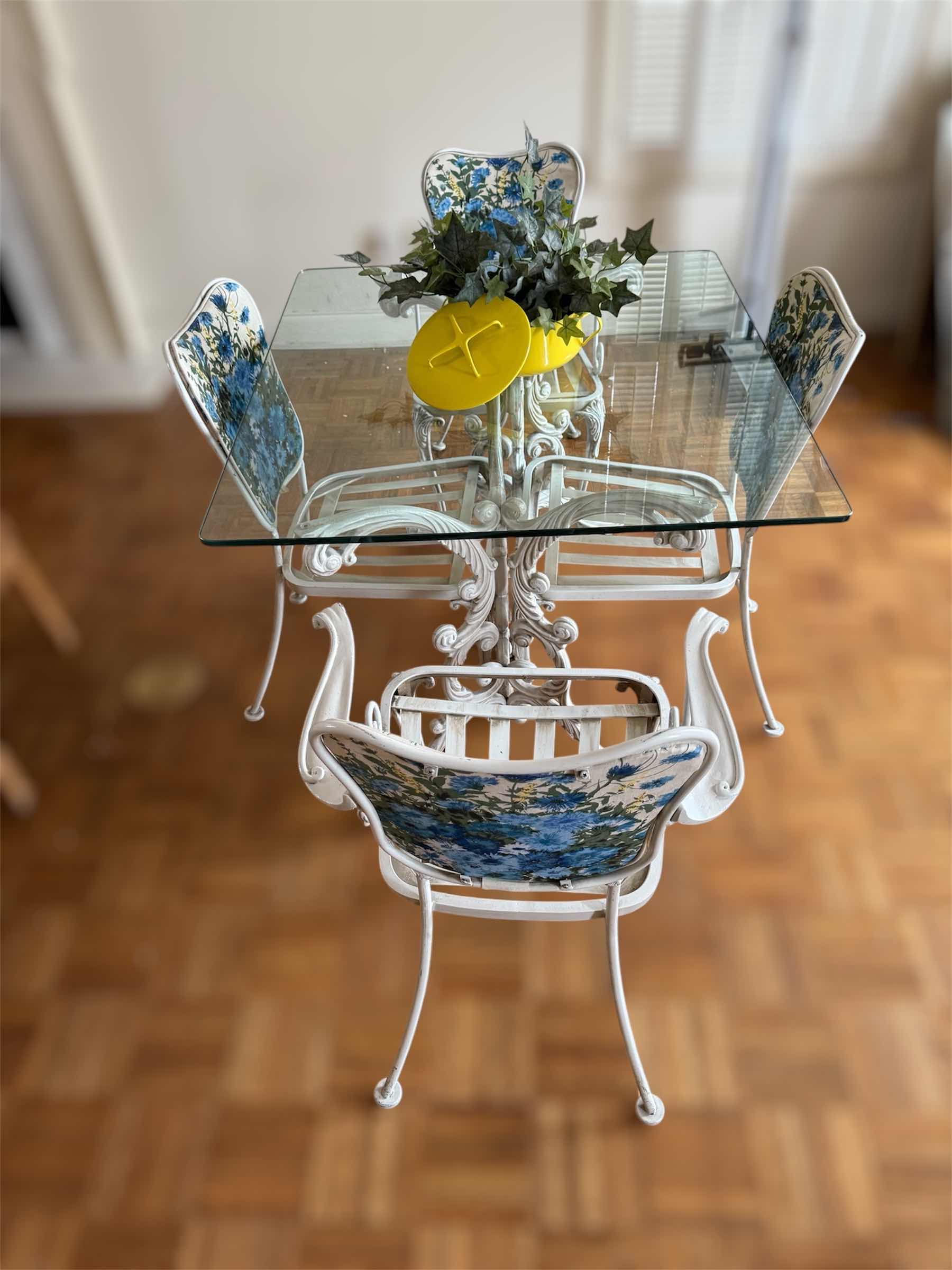 Photo 1 of RARE VINTAGE MID CENTURY WHITE CAST IRON TABLE W TEMPERED GLASS TOP 41”x 36” H28” W 2 ARM CHAIRS & 2 SIDE CHAIRS