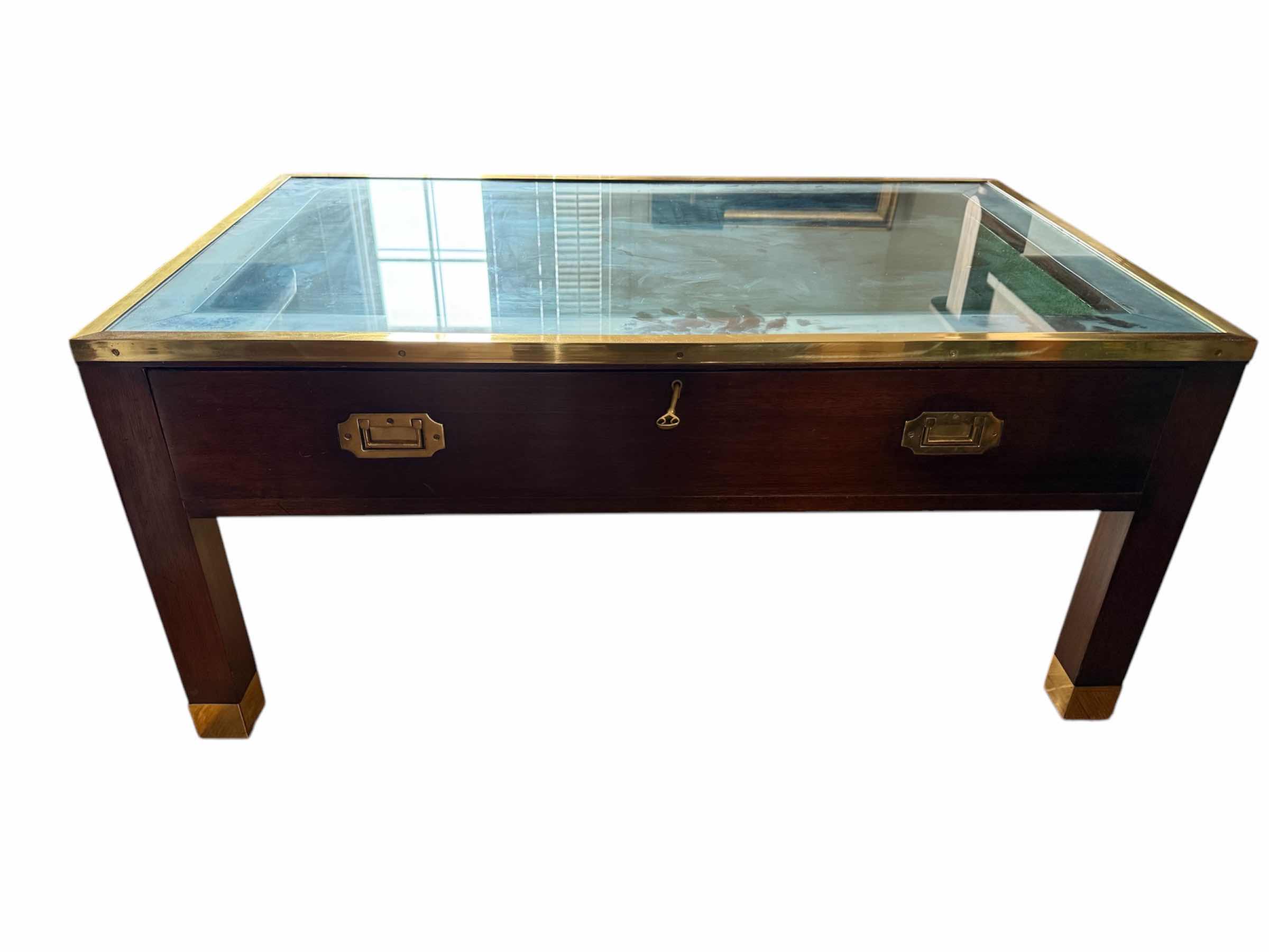 Photo 1 of VINTAGE MAHOGANY W BRASS CAMPAIGN STYLE DISPLAY COFFEE TABLE 40”x 24” H18” (W SKELETON KEY)