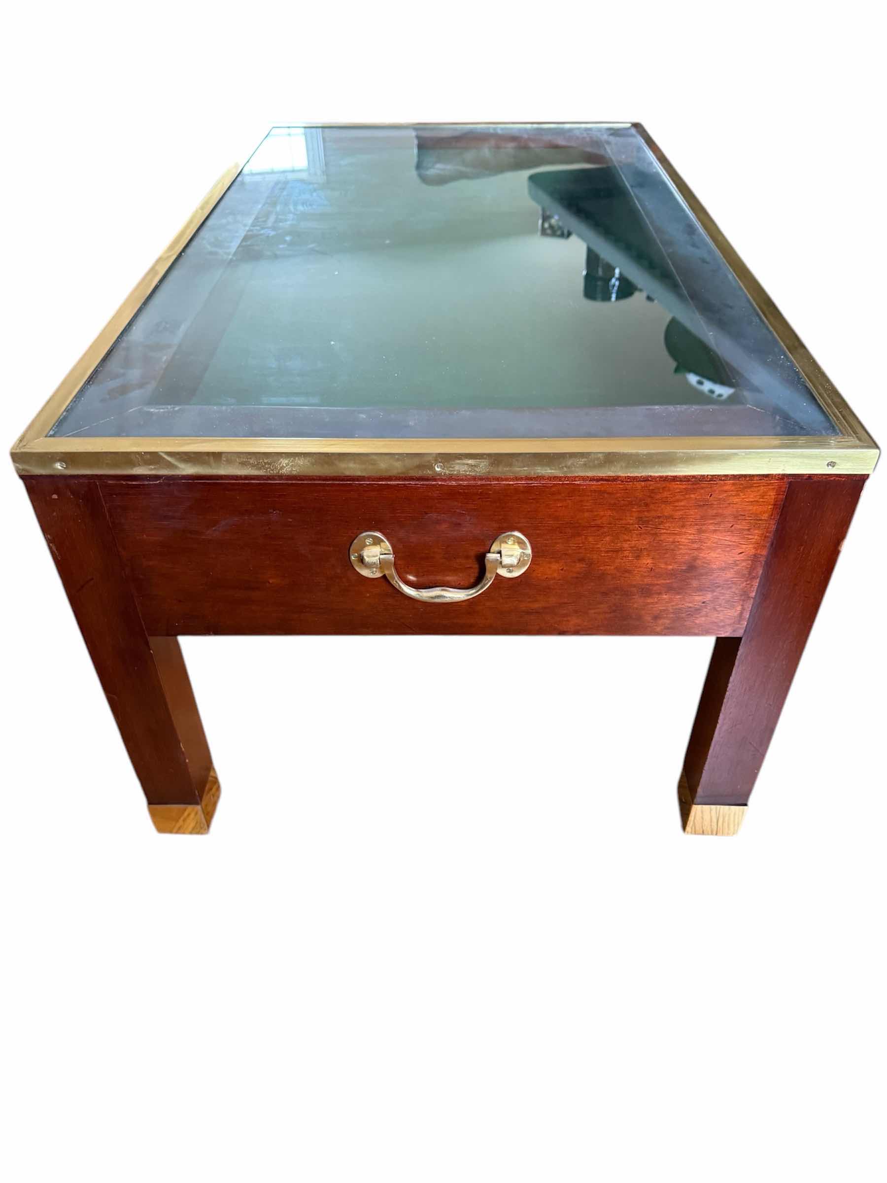 Photo 1 of VINTAGE MAHOGANY W BRASS CAMPAIGN STYLE DISPLAY COFFEE TABLE 40”x 24” H18” (W SKELETON KEY)