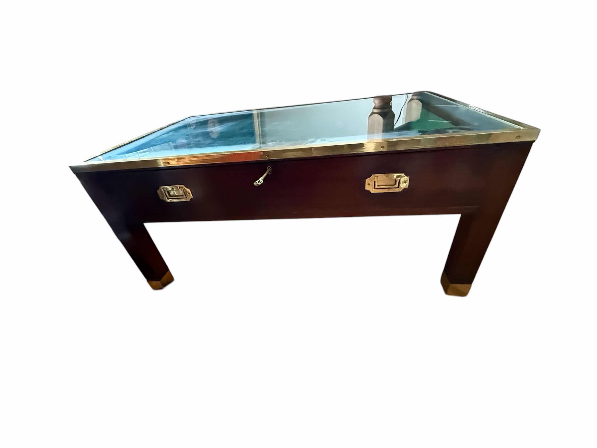 Photo 1 of VINTAGE MAHOGANY W BRASS CAMPAIGN STYLE DISPLAY COFFEE TABLE 40”x 24” H18” (W SKELETON KEY)