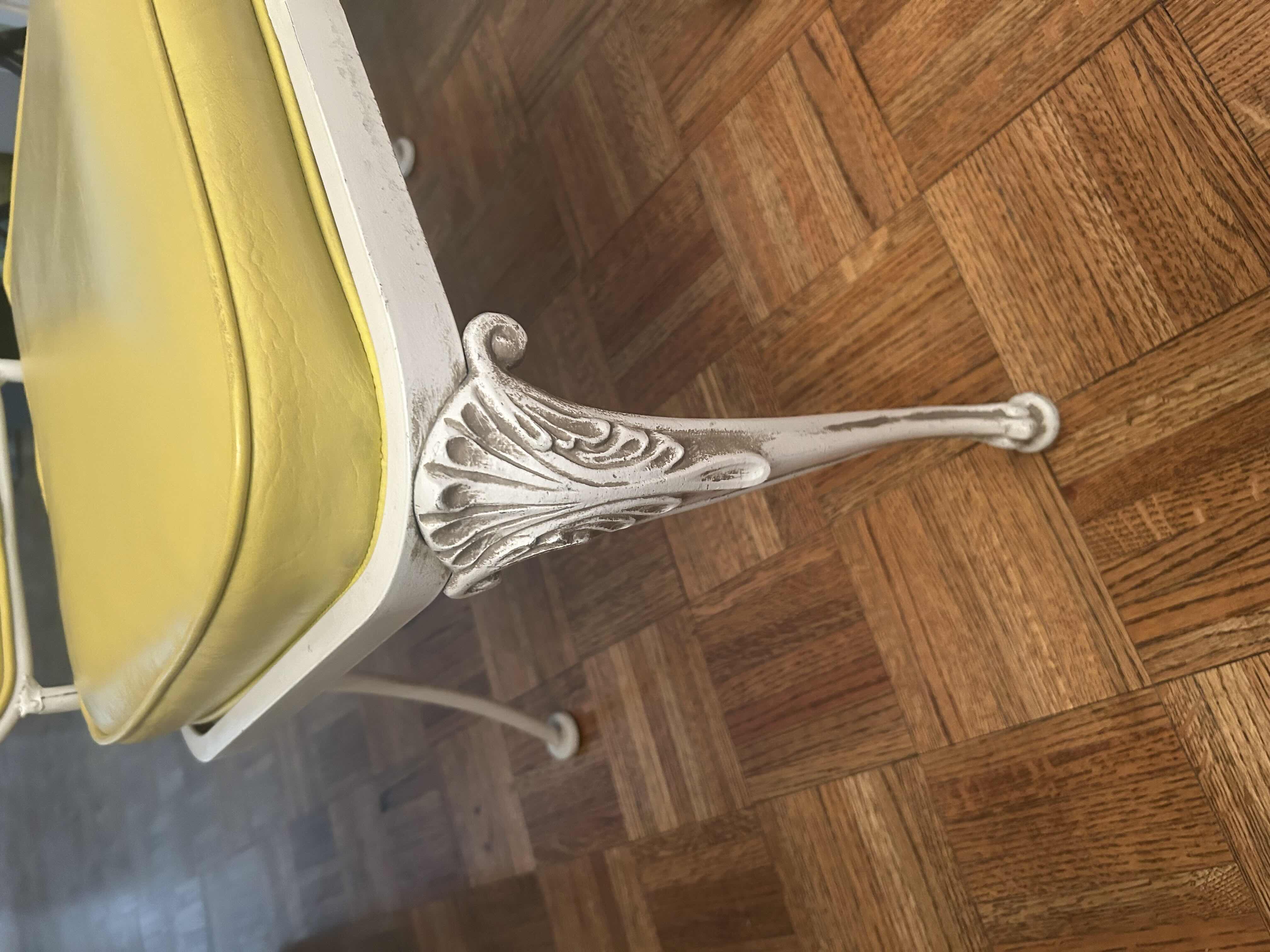 View 2 of 2-MID CENTURY WHITE CAST IRON SIDE CHAIRS W YELLOW VINYL SEAT & BACK