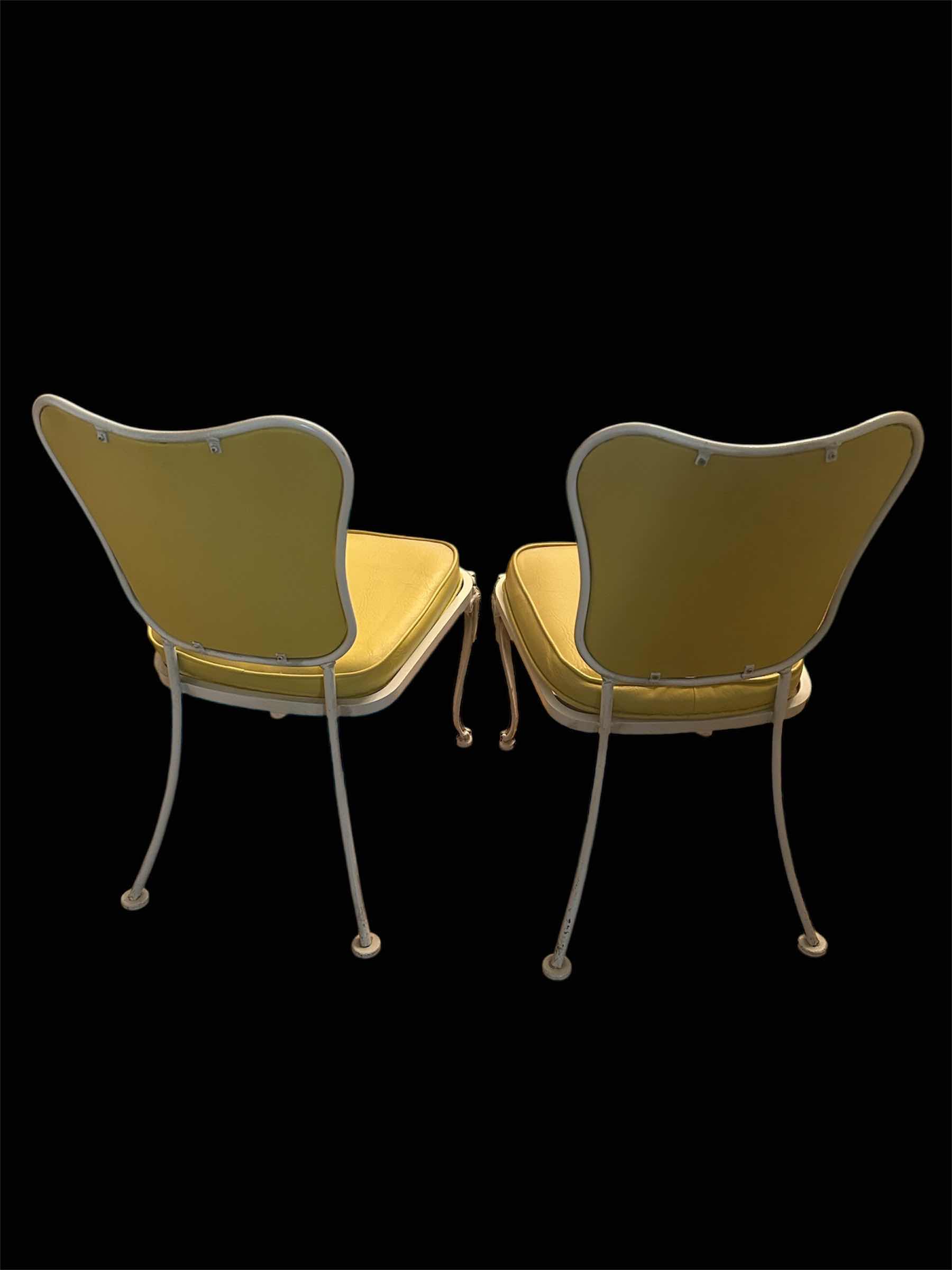 View 3 of 2-MID CENTURY WHITE CAST IRON SIDE CHAIRS W YELLOW VINYL SEAT & BACK