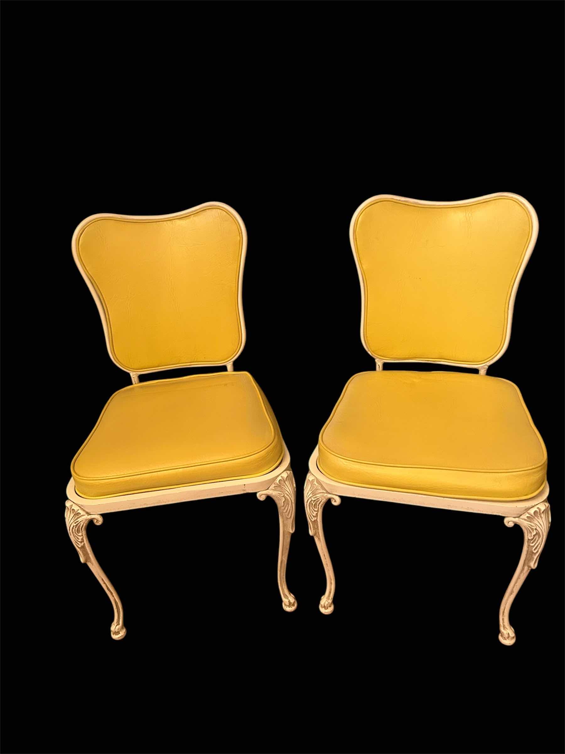 Photo 1 of 2- MID CENTURY WHITE HEAVY WROUGHT IRON SIDE CHAIRS W YELLOW CUSHIONS