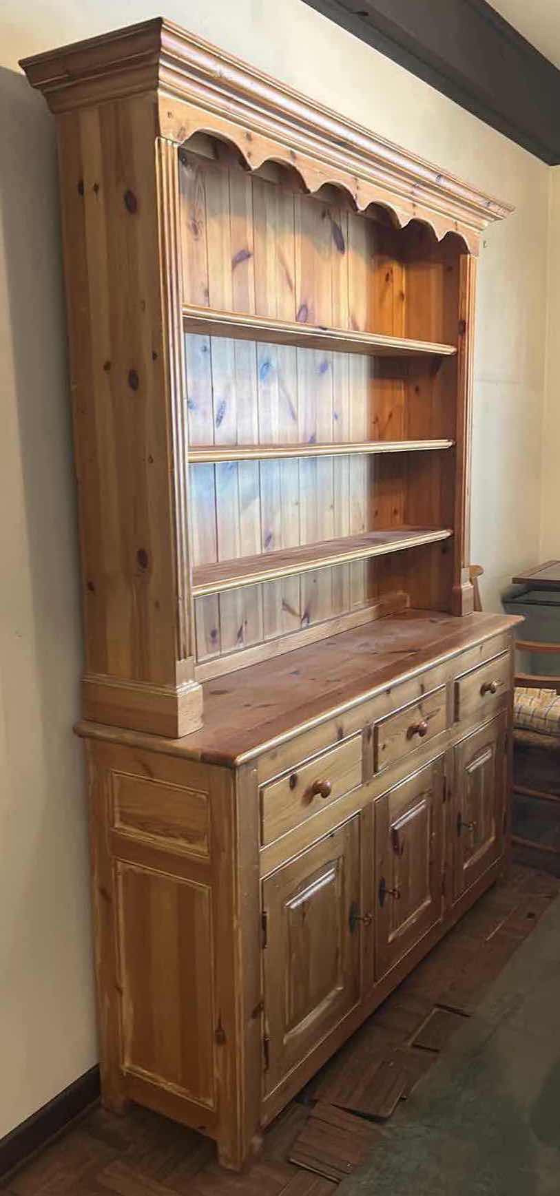 Photo 1 of ENGLISH PINE STEPBACK CUPBOARD W PLATE RACK, SCALLOPED DETAILS 59” x 21"  H79"