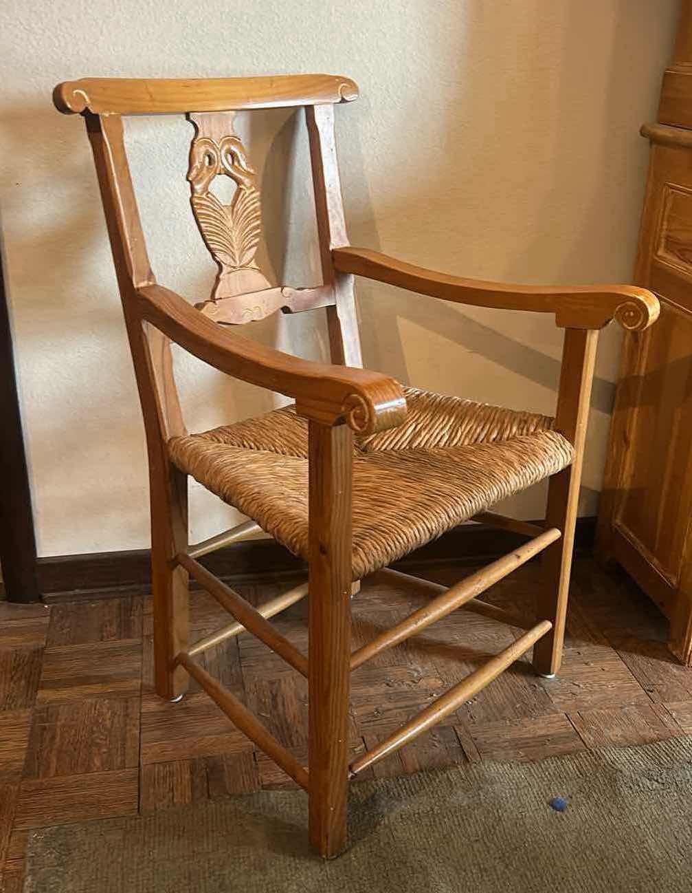 Photo 7 of 2-VINTAGE 1980'S SOLD WOOD RUSH DINING ARM CHAIRS W CARVED SWANS