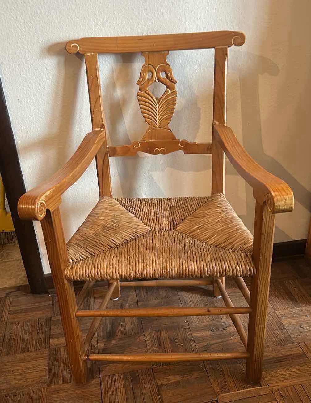 Photo 1 of 2- VINTAGE 1980'S SOLID WOOD RUSH DINING ARM CHAIRS W CARVED SWANS H29"
