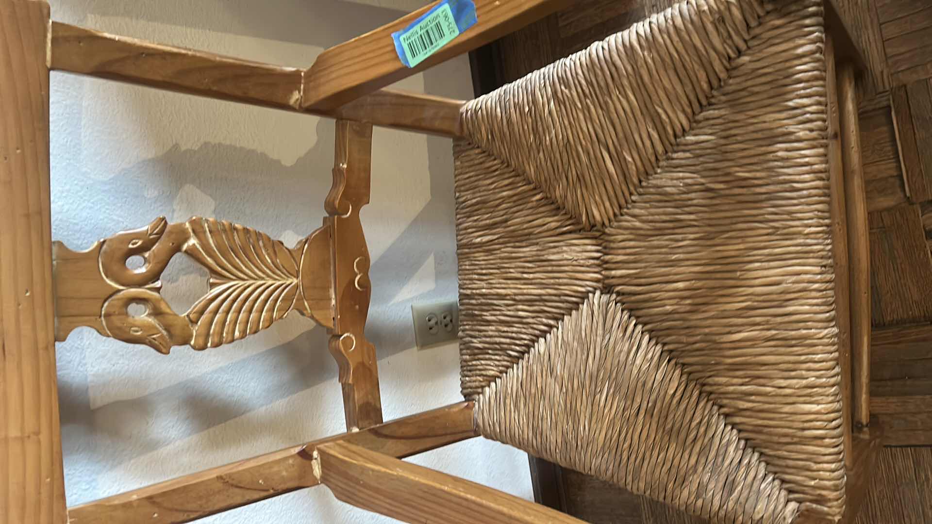 Photo 1 of 2- VINTAGE 1980'S SOLID WOOD RUSH DINING ARM CHAIRS W CARVED SWANS H29"