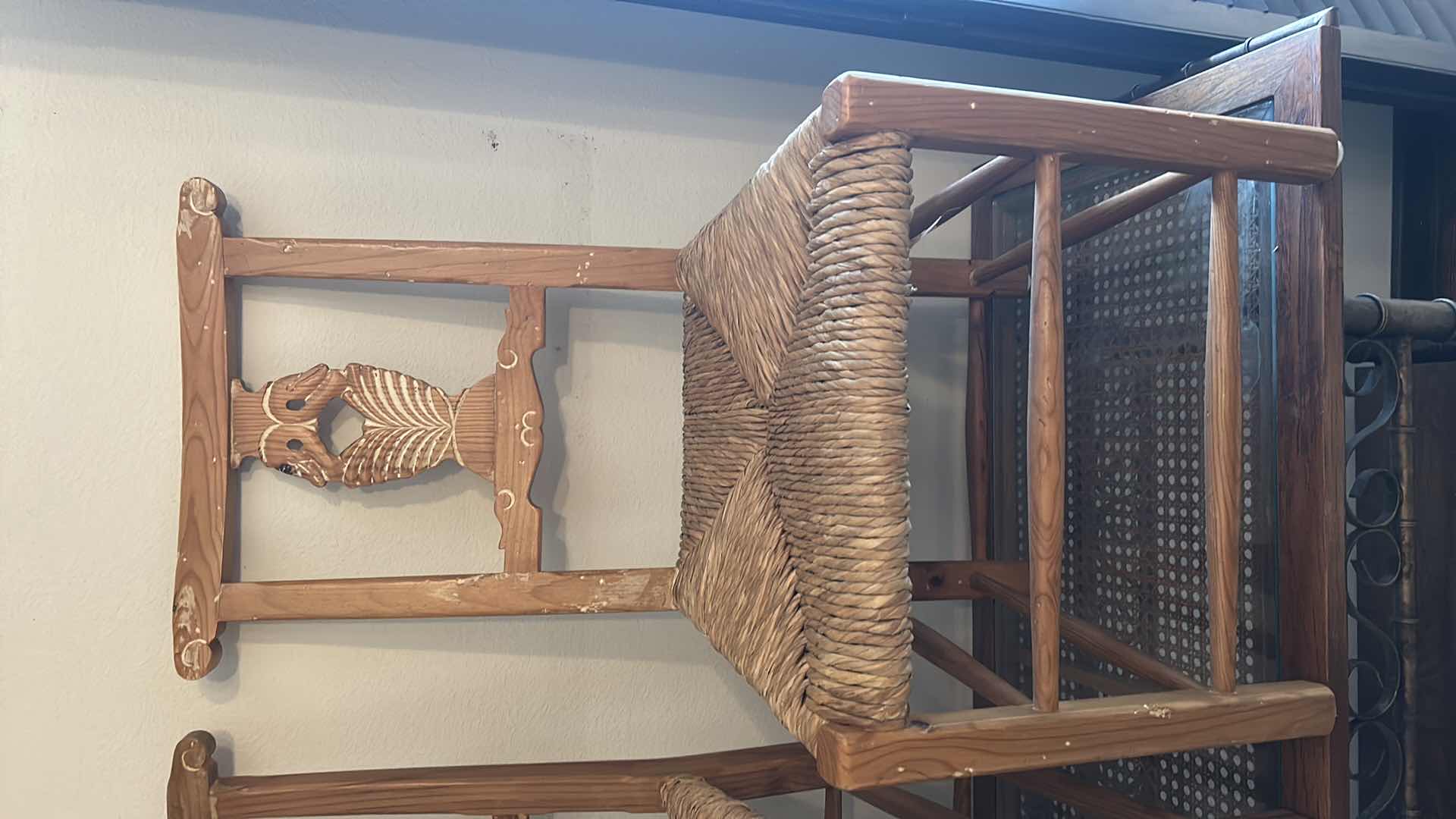 Photo 3 of 2- VINTAGE 1980&#x27;S SOLID WOOD RUSH DINING SIDE CHAIRS W CARVED SWANS 