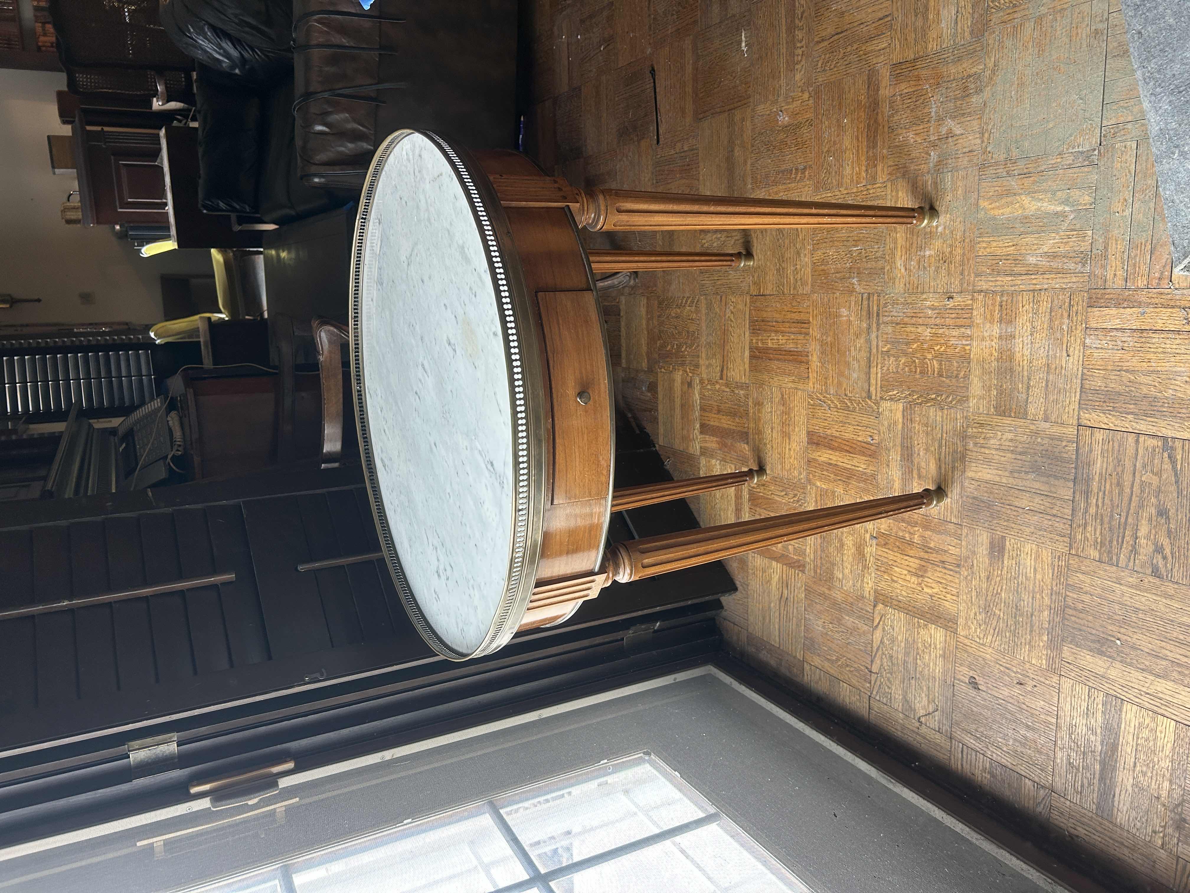 Photo 1 of 1940s VINTAGE FRENCH STYLE BOUILLOTTE MARBLE TOP TABLE
D 26”  x H 28”