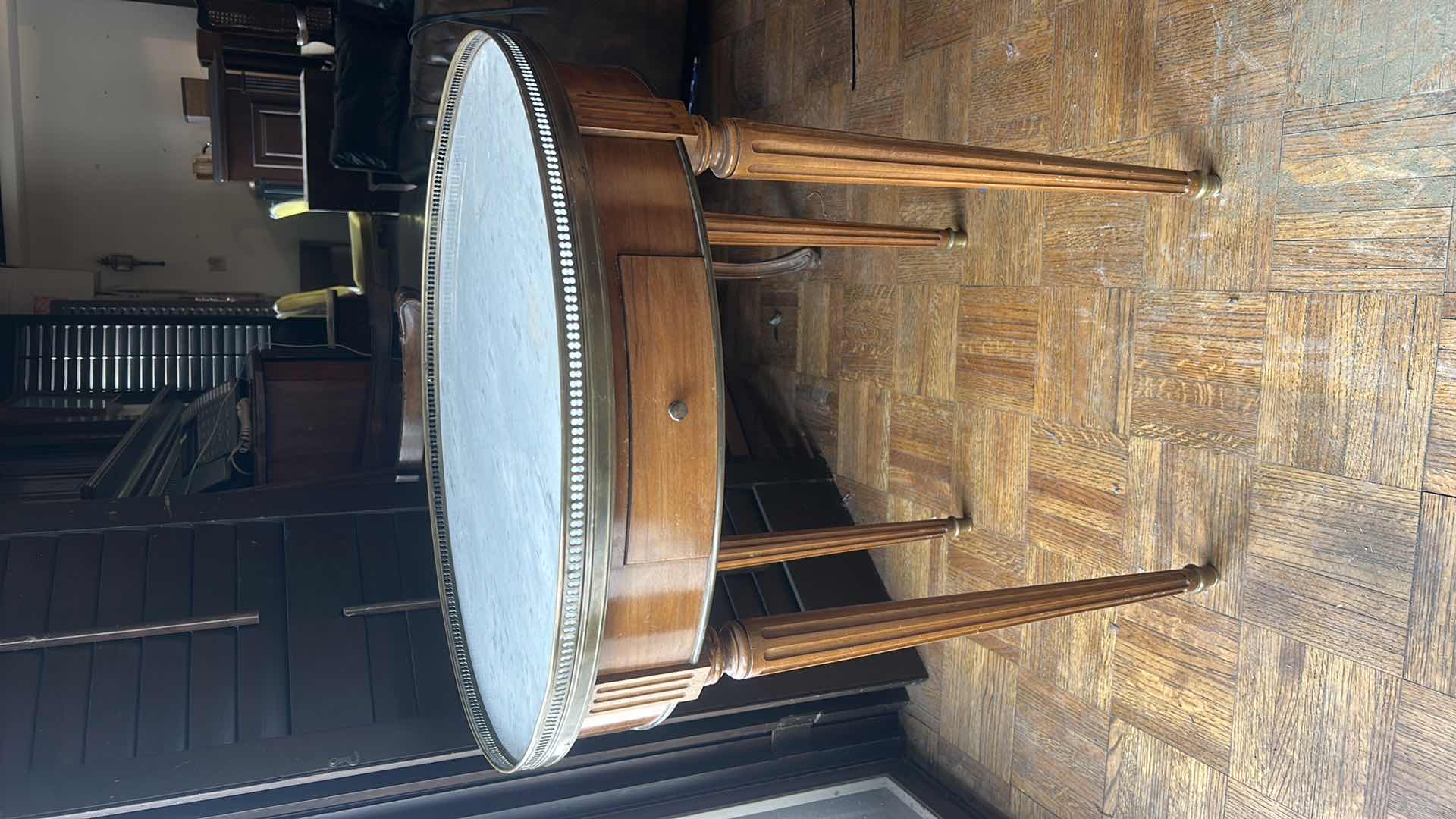 Photo 1 of 1940s VINTAGE FRENCH STYLE BOUILLOTTE MARBLE TOP TABLE
D 26”  x H 28”