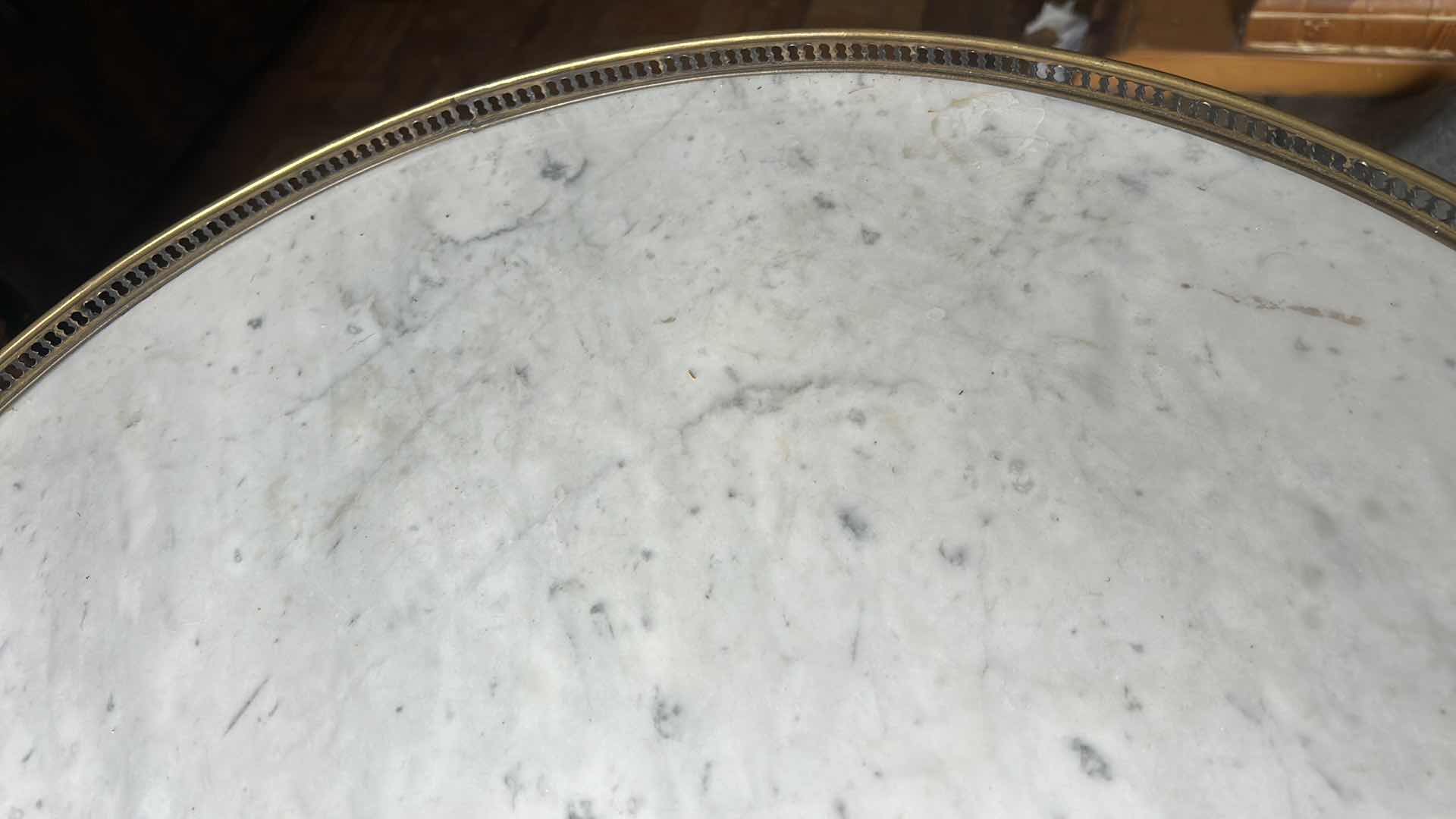 Photo 1 of 1940s VINTAGE FRENCH STYLE BOUILLOTTE MARBLE TOP TABLE
D 26”  x H 28”