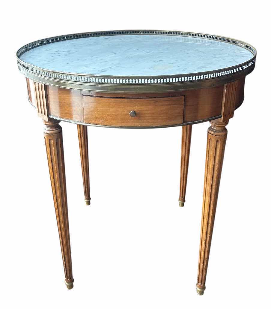 Photo 1 of 1940s VINTAGE FRENCH STYLE BOUILLOTTE MARBLE TOP TABLE
D 26”  x H 28”