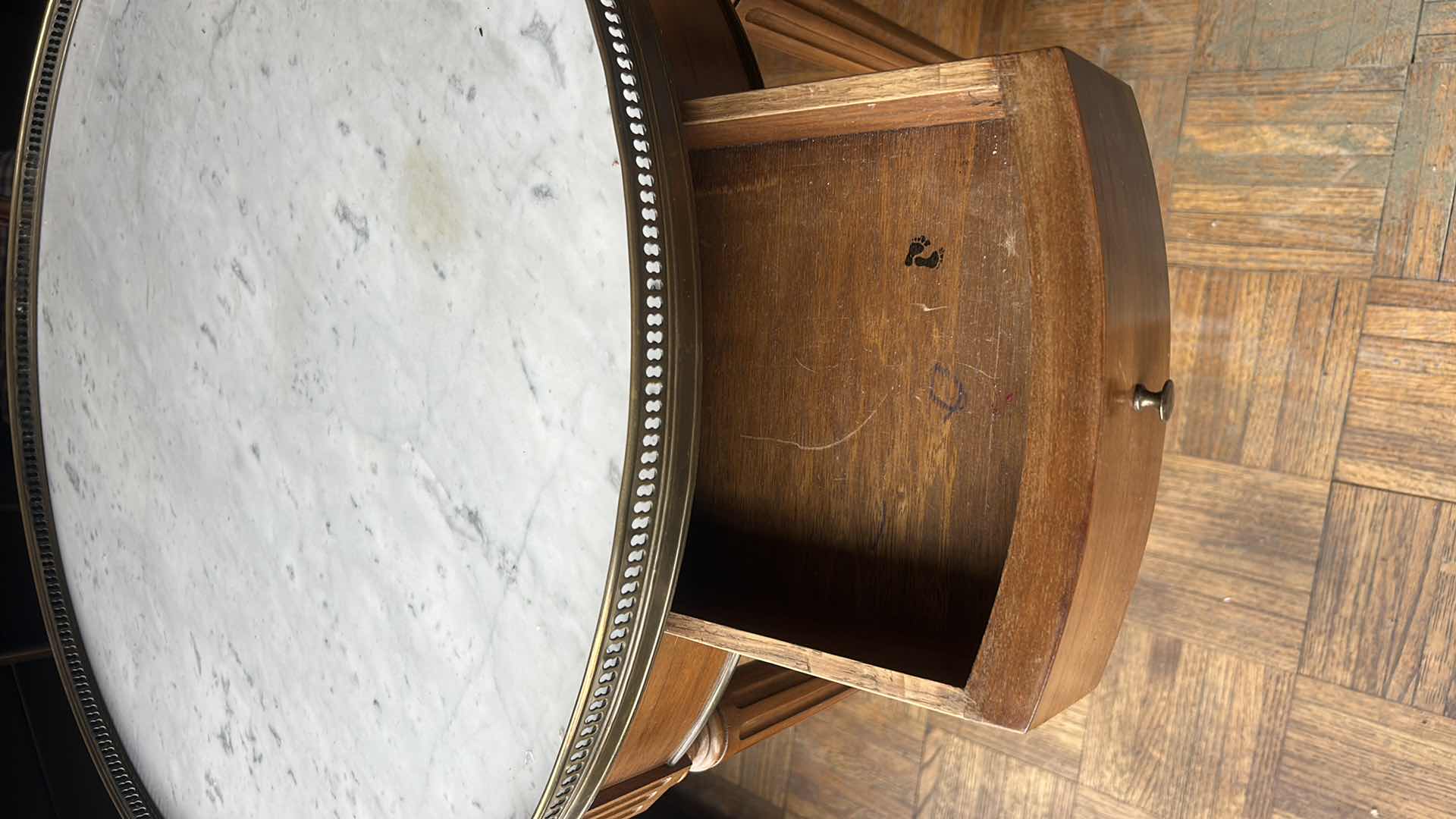 Photo 1 of 1940s VINTAGE FRENCH STYLE BOUILLOTTE MARBLE TOP TABLE
D 26”  x H 28”