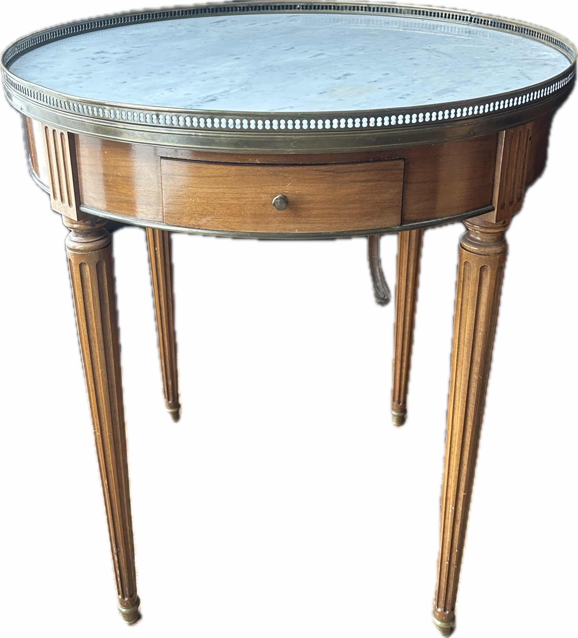 Photo 1 of 1940s VINTAGE FRENCH STYLE BOUILLOTTE MARBLE TOP TABLE
D 26”  x H 28”