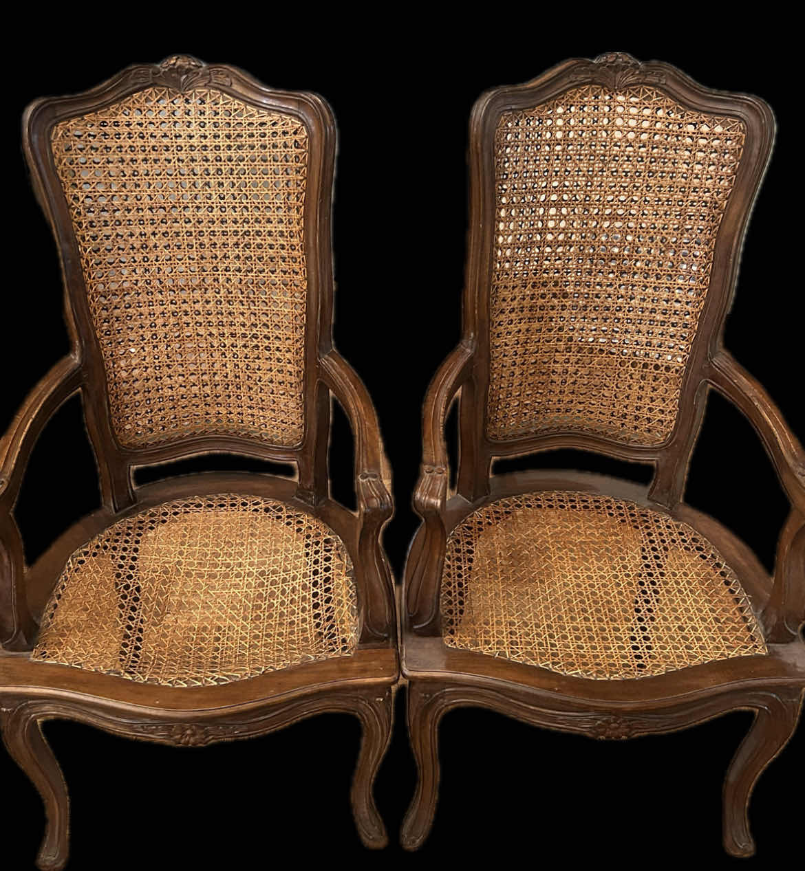 Photo 1 of 2-VINTAGE FRENCH CANE FRUITWOOD ARM CHAIRS