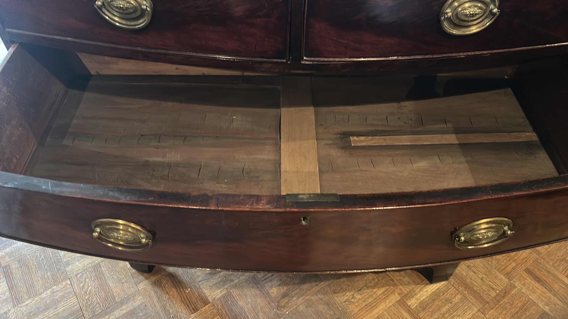 Photo 1 of ENGLISH MAHOGANY BOW FRONT CHEST OF DRAWERS - TONGUE & GROOVE 40” x 20” H42” 