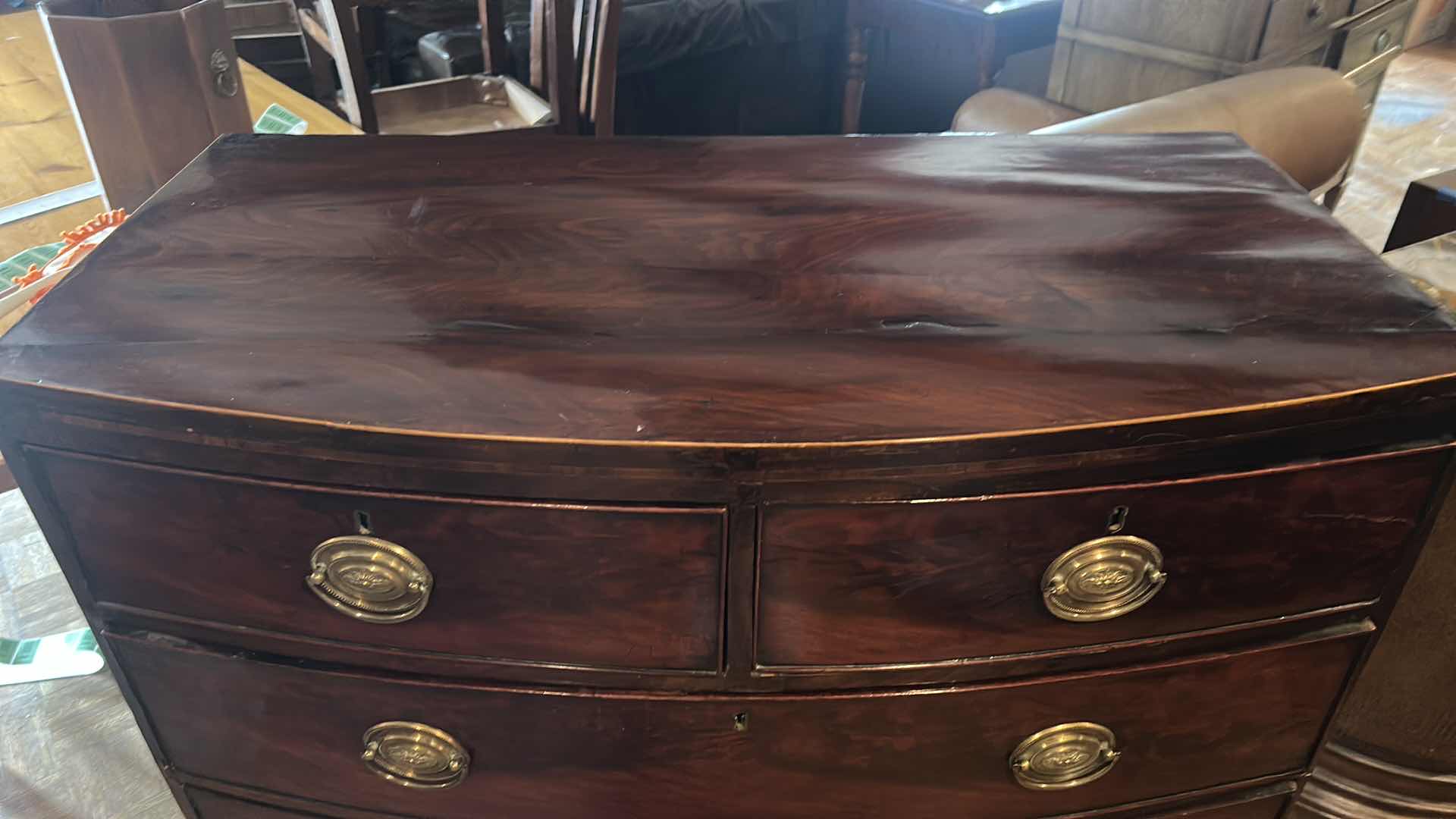 Photo 1 of ENGLISH MAHOGANY BOW FRONT CHEST OF DRAWERS - TONGUE & GROOVE 40” x 20” H42” 