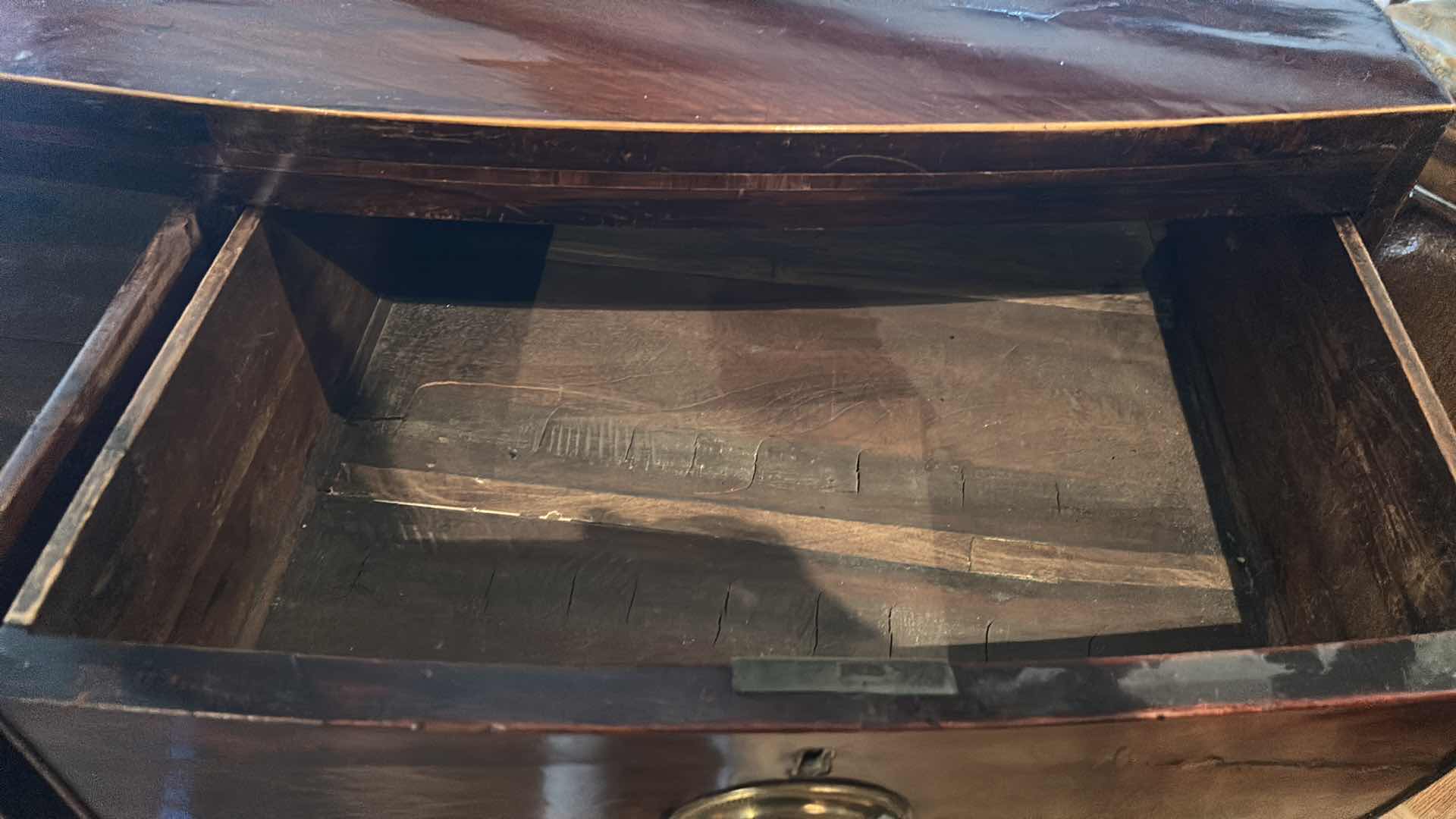 Photo 1 of ENGLISH MAHOGANY BOW FRONT CHEST OF DRAWERS - TONGUE & GROOVE 40” x 20” H42” 