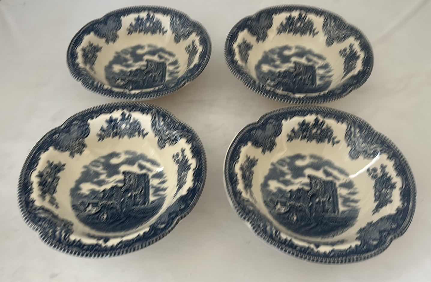 Photo 1 of 4- JOHNSON BROS, DENBIGH CASTLE, BLUE & WHITE BOWLS 6”, MADE IN ENGLAND