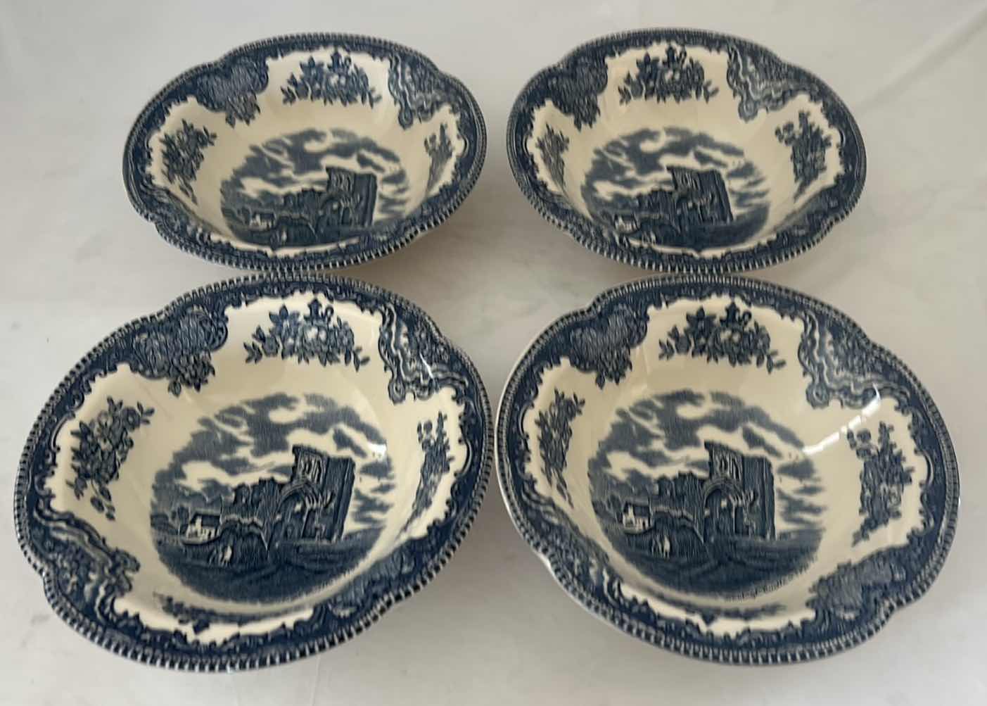 Photo 1 of 4- JOHNSON BROS, DENBIGH CASTLE, BLUE & WHITE BOWLS 6”, MADE IN ENGLAND