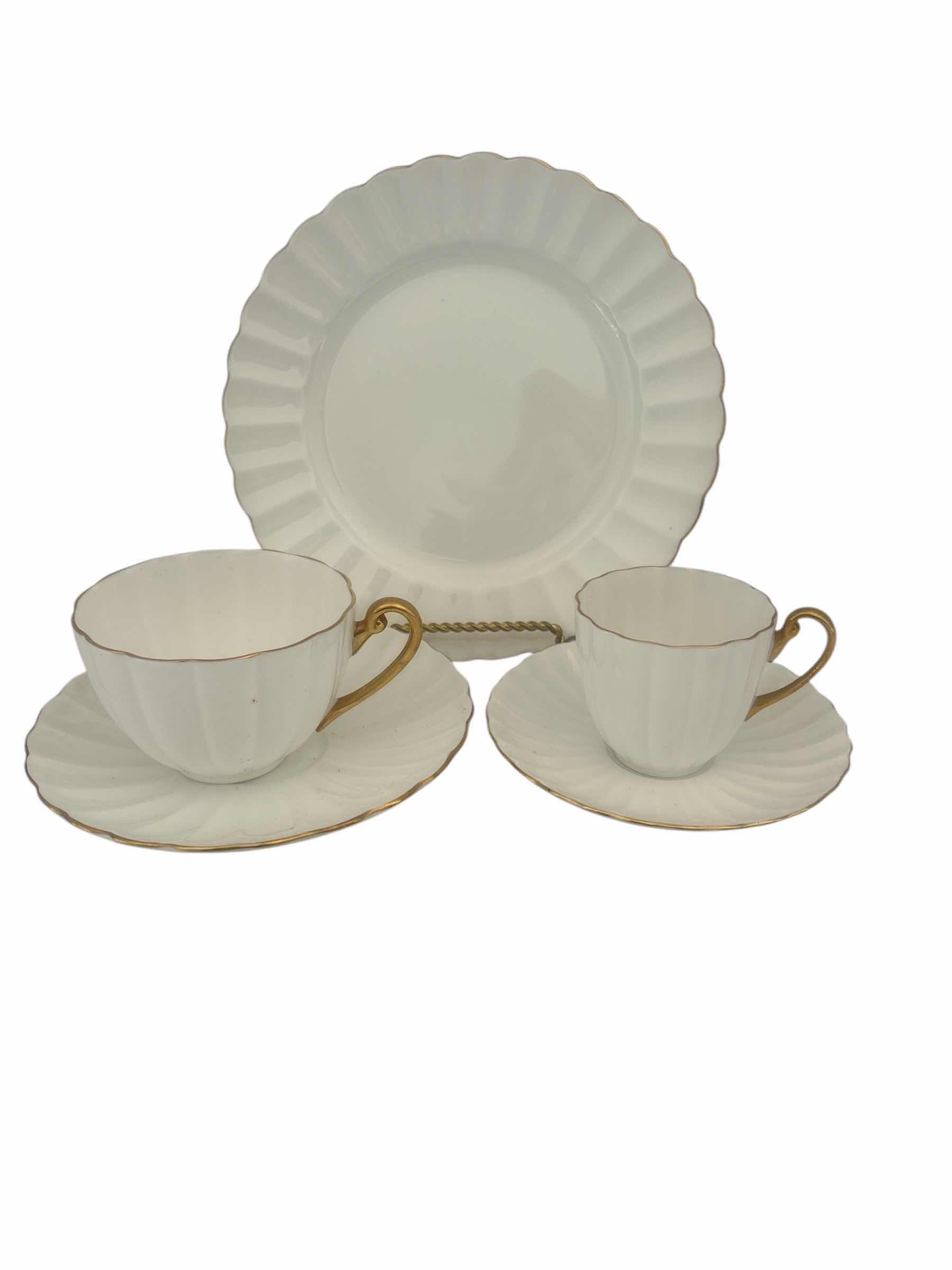 Photo 1 of 5 PC-VINTAGE SHELLEY ENGLAND WHITE W GOLD PORCELAIN LUDLOW SHAPE TEA SET (8" PLATE, CUP & SAUCERS)