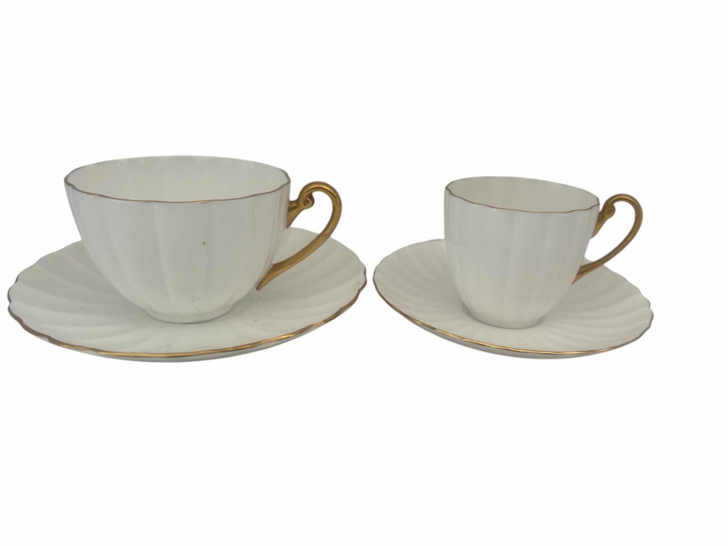 Photo 1 of 5 PC-VINTAGE SHELLEY ENGLAND WHITE W GOLD PORCELAIN LUDLOW SHAPE TEA SET (8" PLATE, CUP & SAUCERS)