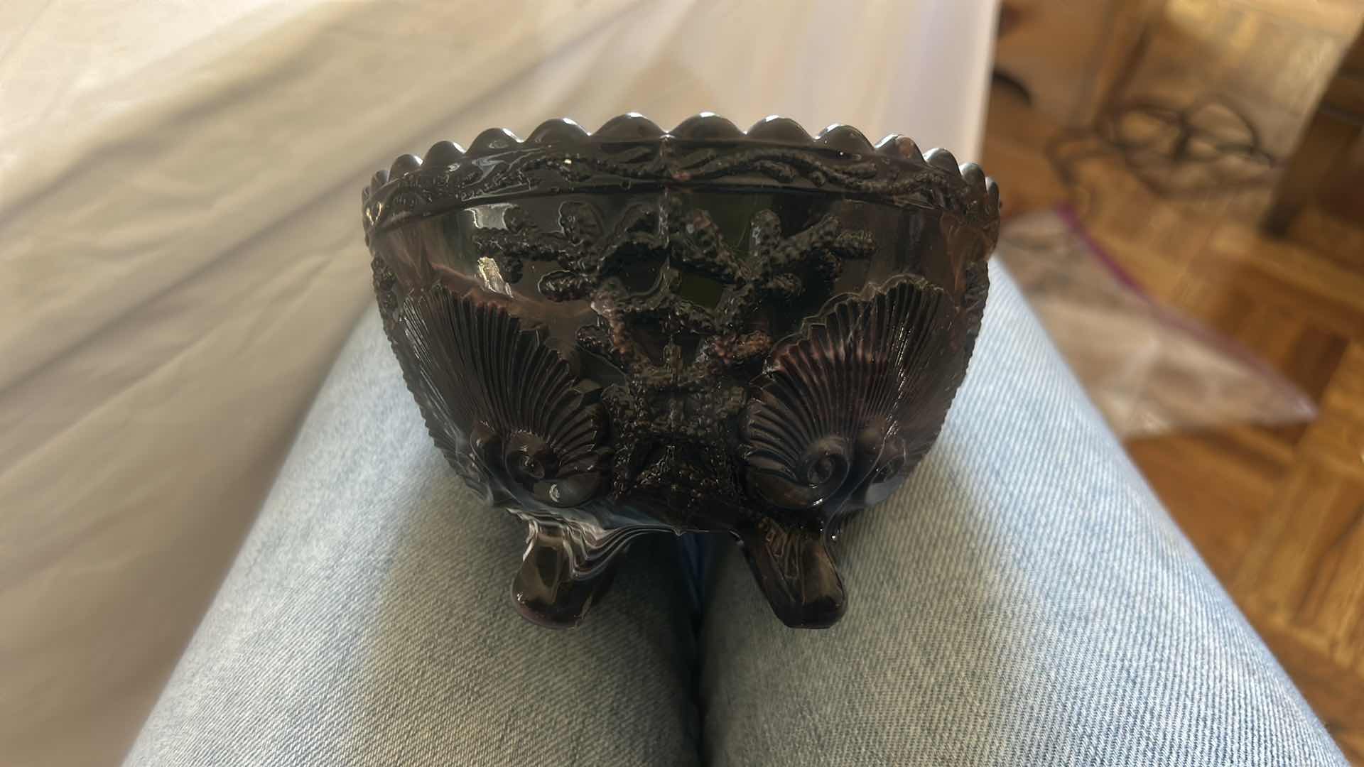 Photo 1 of ANTIQUE FENTON PURPLE MARBLE ART GLASS  BOWL  5.75” x H3.5”