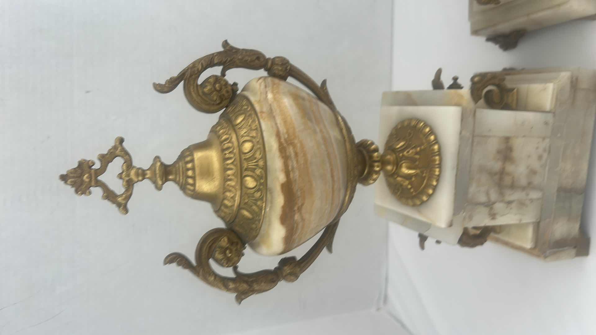Photo 1 of ANTIQUE PAIR OF FRENCH UNIQUE CASSOLETTE MARBLE W GOLD BRONZE URNS  H15.5”