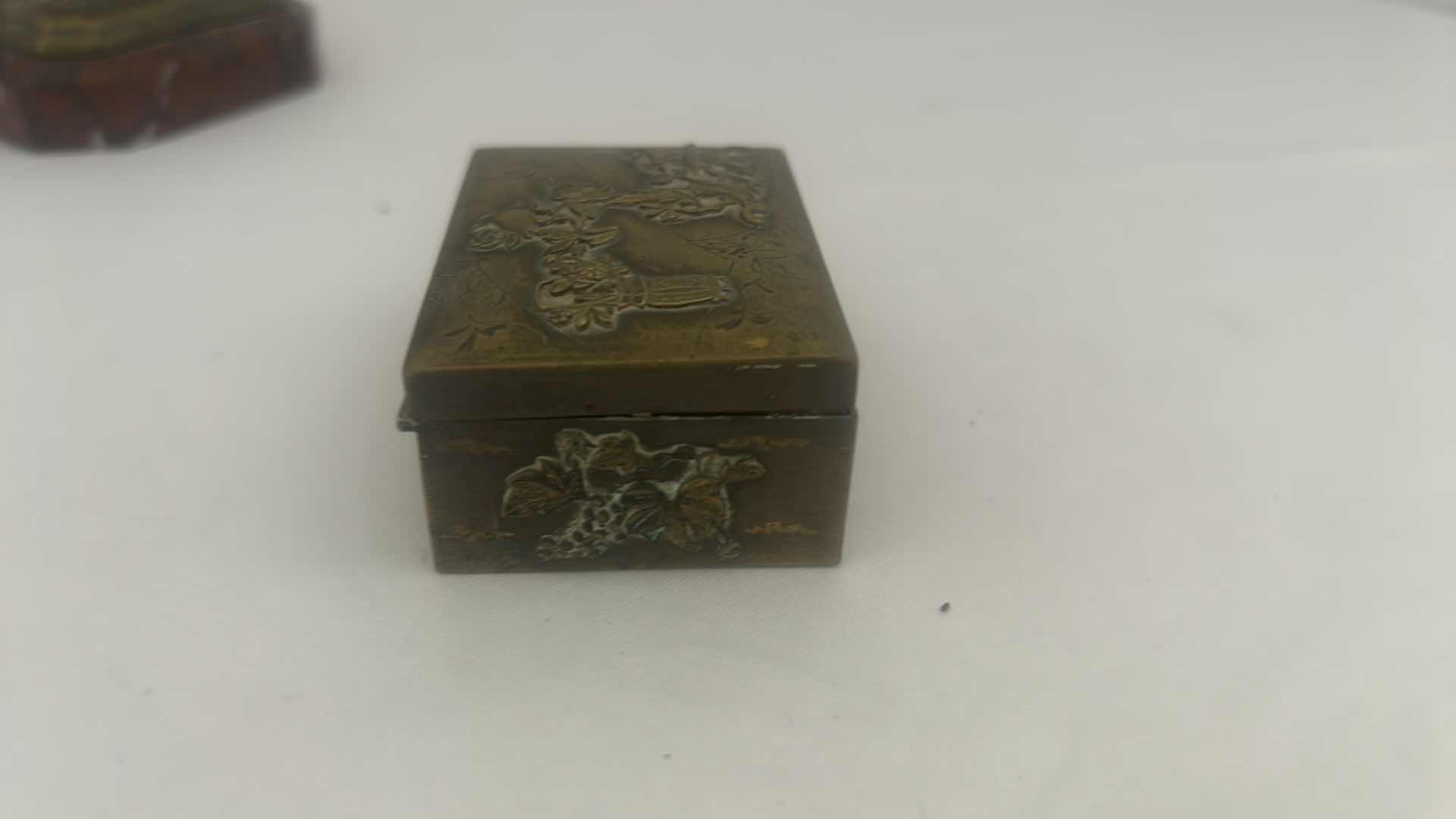 Photo 6 of 2 VINTAGE METAL PIECES- BOY AND GIRL PLAYING SCULPTURE ON MARBLE BASE H5.75” & SMALL CARVED METAL PILL BOX
