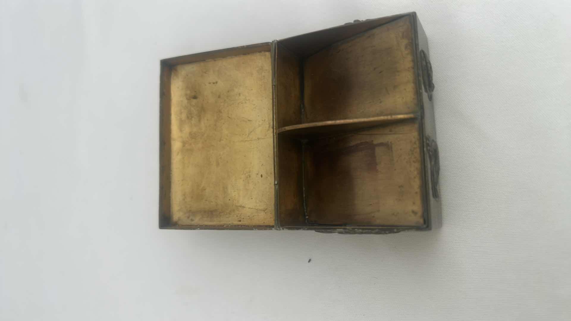 Photo 7 of 2 VINTAGE METAL PIECES- BOY AND GIRL PLAYING SCULPTURE ON MARBLE BASE H5.75” & SMALL CARVED METAL PILL BOX