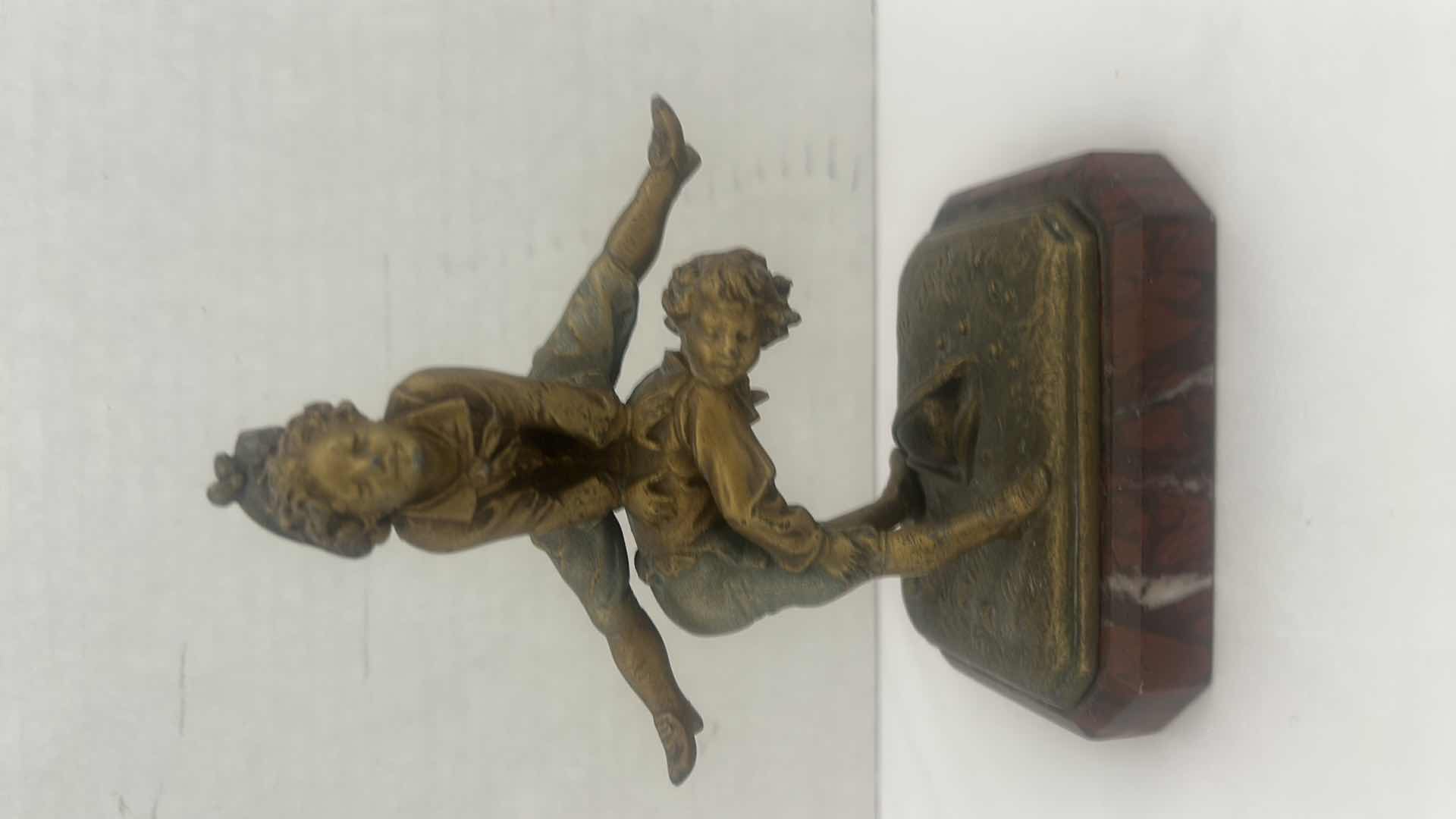 Photo 2 of 2 VINTAGE METAL PIECES- BOY AND GIRL PLAYING SCULPTURE ON MARBLE BASE H5.75” & SMALL CARVED METAL PILL BOX